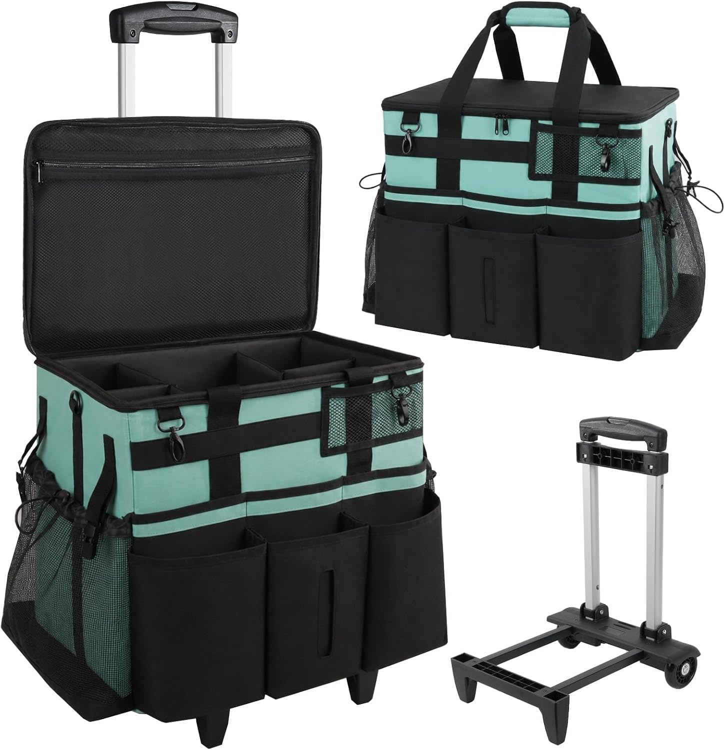 SCAVATA Rolling Cleaning Caddy Bag with Detachable Trolley, Large Cleaning Supplies Organizer with Wheels, Multi-Pocket Cleaning Cart with Adjustable Shoulder Strap for Housekeepers (CyanBlue)