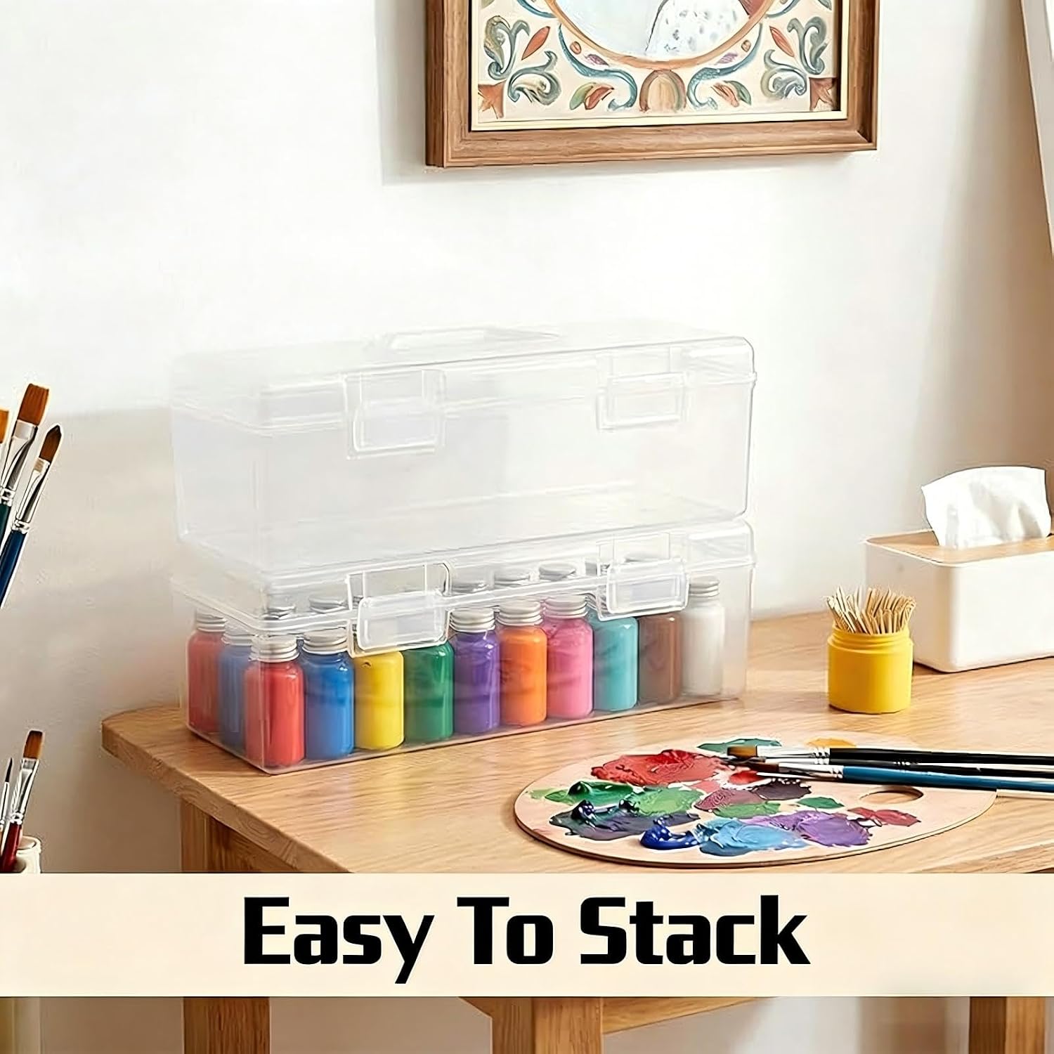 3 Pack Acrylic Paint Storage Box, Clear Plastic Portable Craft Organizer with Handle, Stackable Art Supply Storage Box for Paint Brushes Markers,34.5x10x10cm