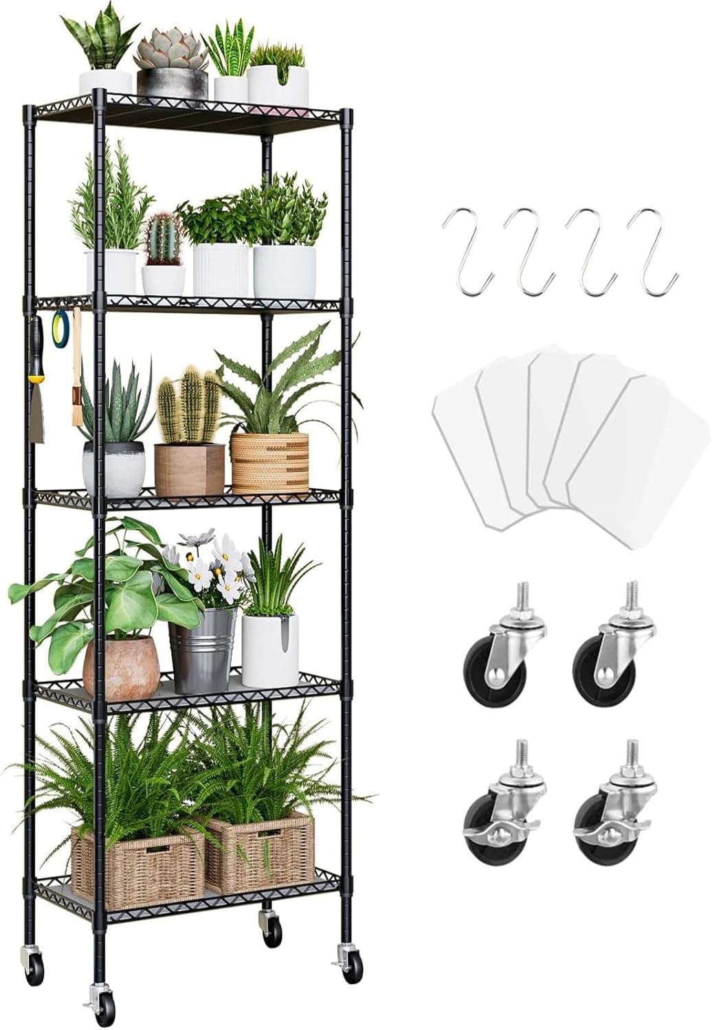 5 Tier Metal Shelves on Wheels Adjustable Pantry Storage Shelves for Laundry Bathroom Kitchen Pantry Closet