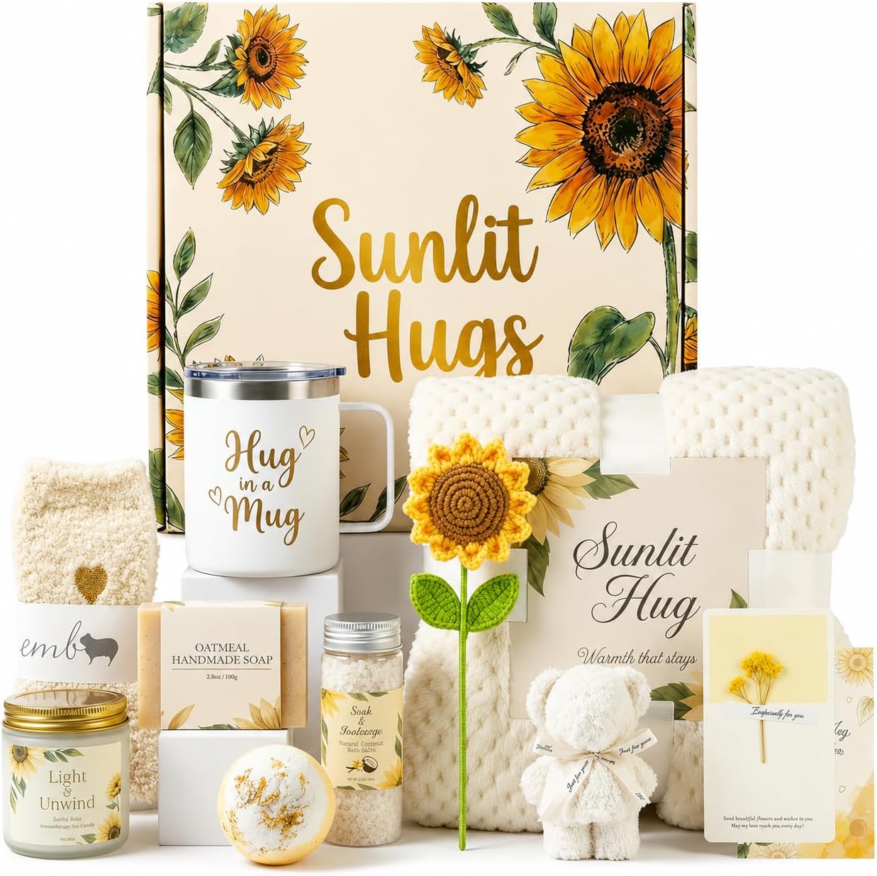 Get Well Gifts for Women, Sunflower Care Package with Blanket | Birthday, sympathy, thinking of you gift. 12oz mug, socks, candle, fizzer, crochet sunflower - a hug in a box for her, mom.
