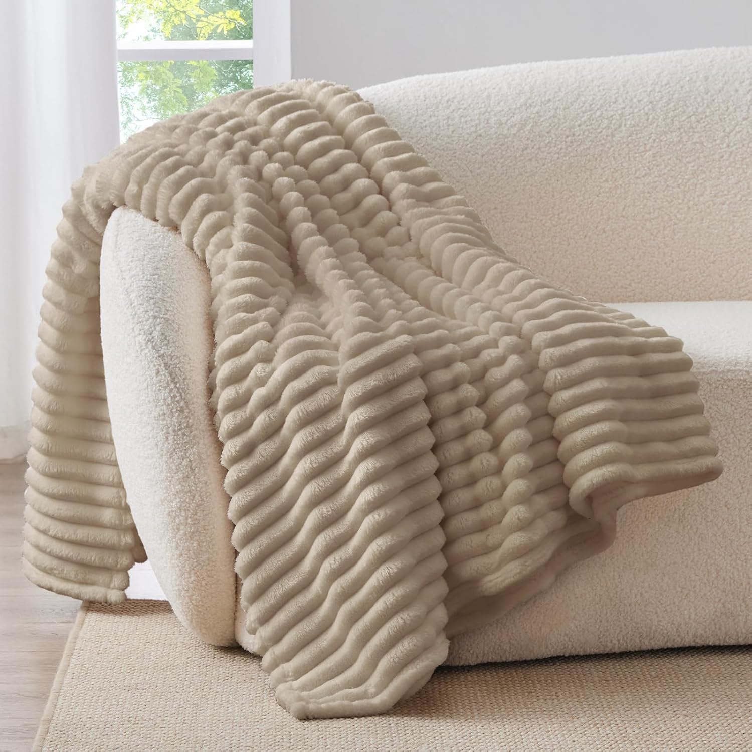 BEDELITE Throw Blanket for Couch & Sofa, 300 GSM Soft Cozy & Warm Plush Fluffy Blanket, Decorative and Giftable Fleece Striped Blankets, Fit for Baby, Women, Men, 152 x 203 CM, Linen