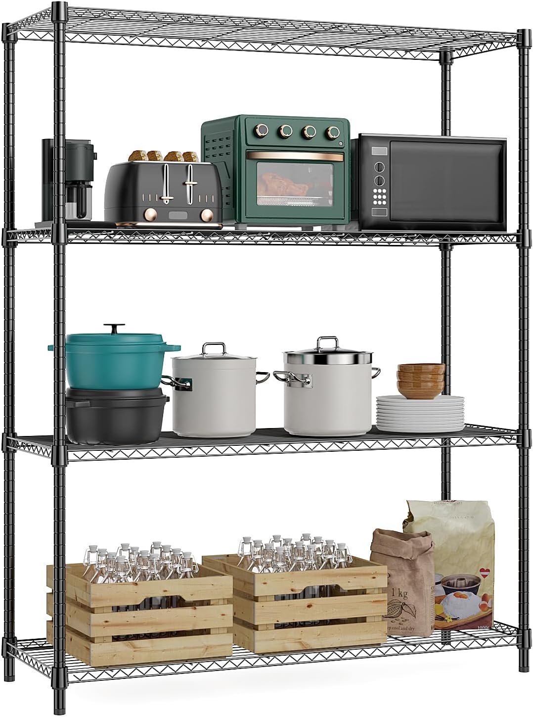 MZG 4-Tier Heavy-Duty Adjustable Metal Wire Storage Shelving Unit, Industrial-Grade Utility Garage Rack for Pantry, Garage, Warehouse and Home (Black, 40 × 115 × 150 cm, 640kg Capacity)
