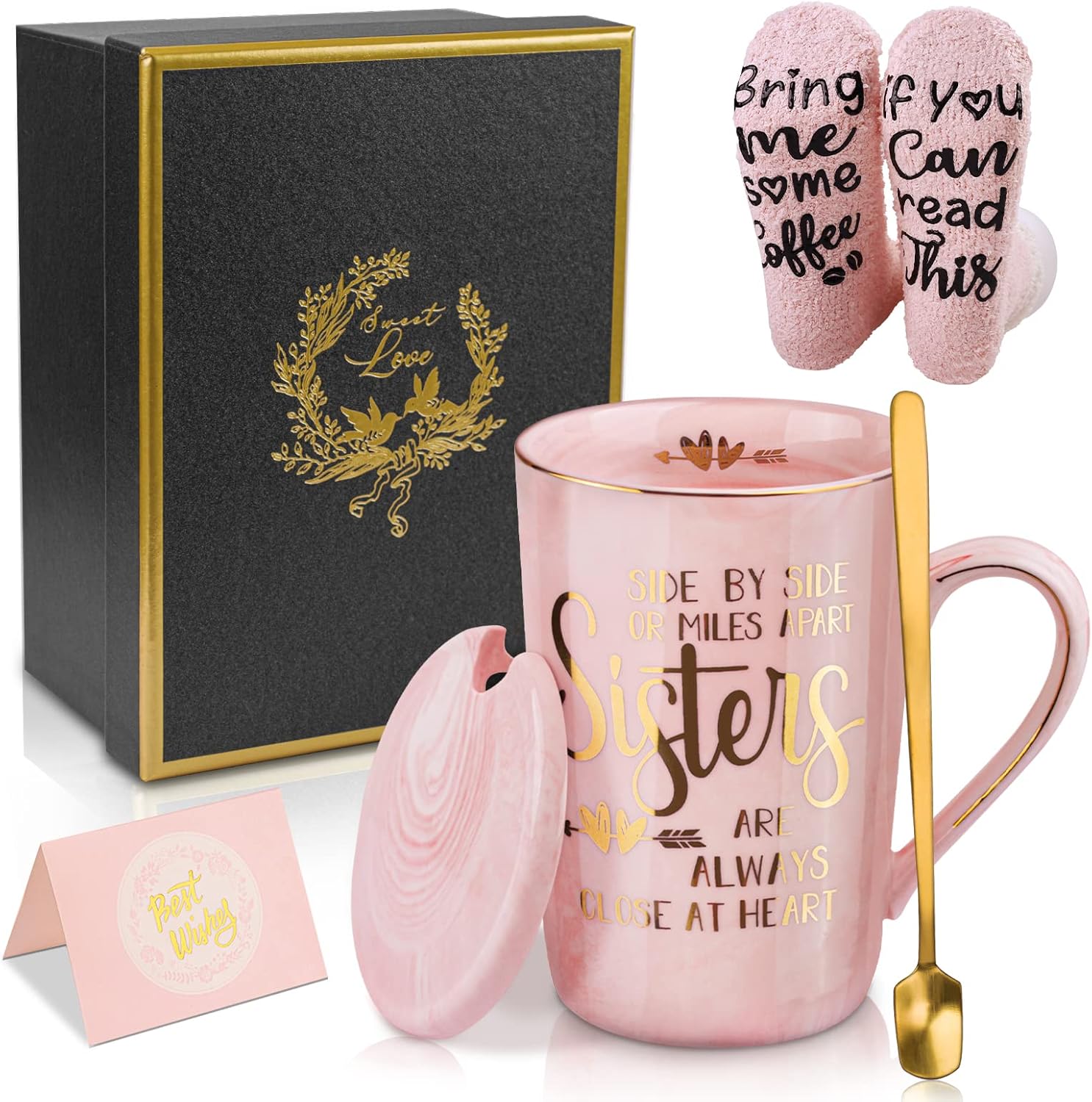 Sisters Birthday Gifts from Sister Brother-14oz Pink Marble Coffee Mug | Sister Gift: Fade-proof ceramic mug microwave & dishwasher safe, sturdy gift box, 24h satisfying customer service