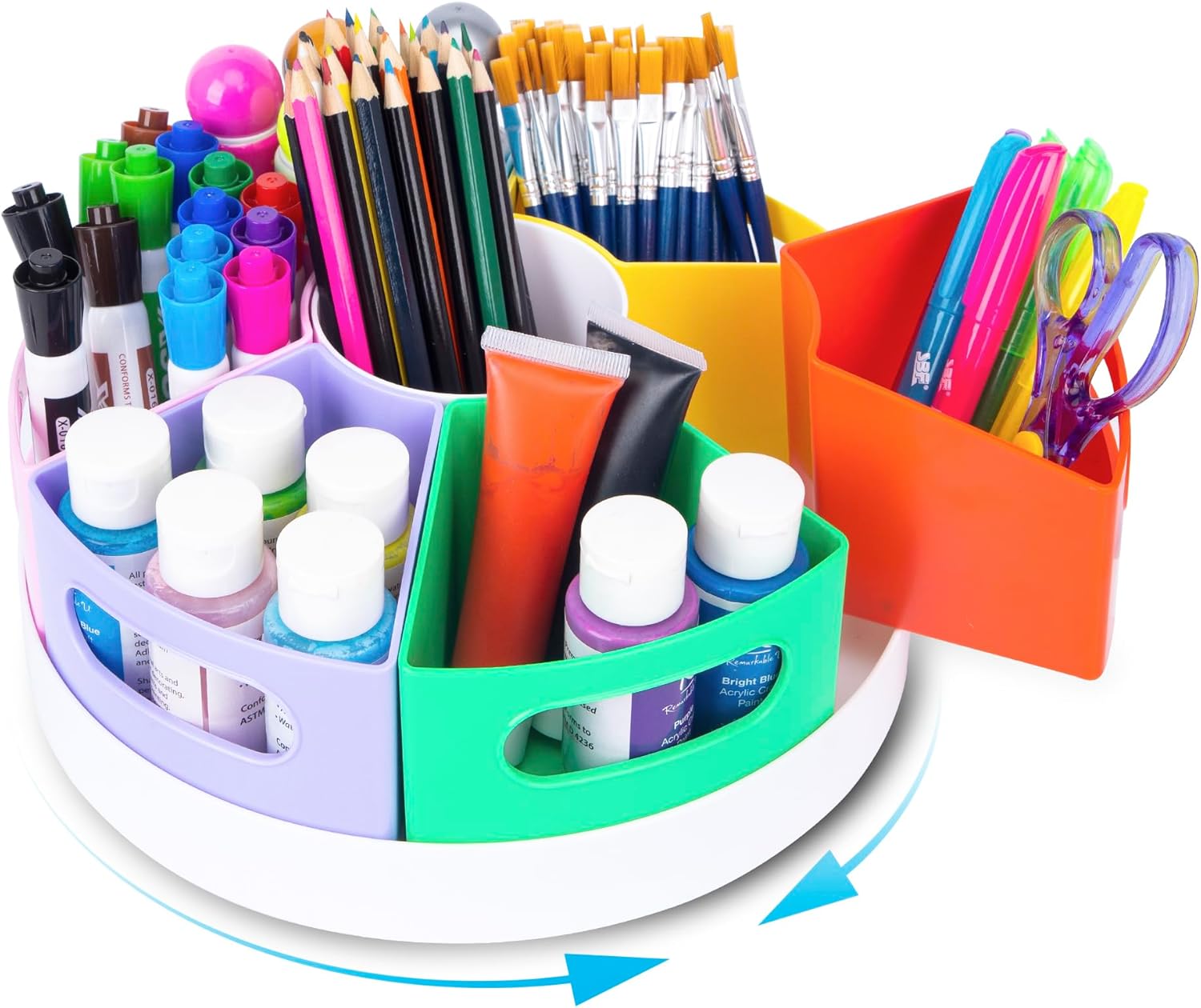 CraftGenes Rotating Art Supply Organizer, 7 Removable Compartments, Rainbow | Extra-large 360-degree classroom caddy for crayons, markers and school supplies, with 7 removable rainbow compartments.