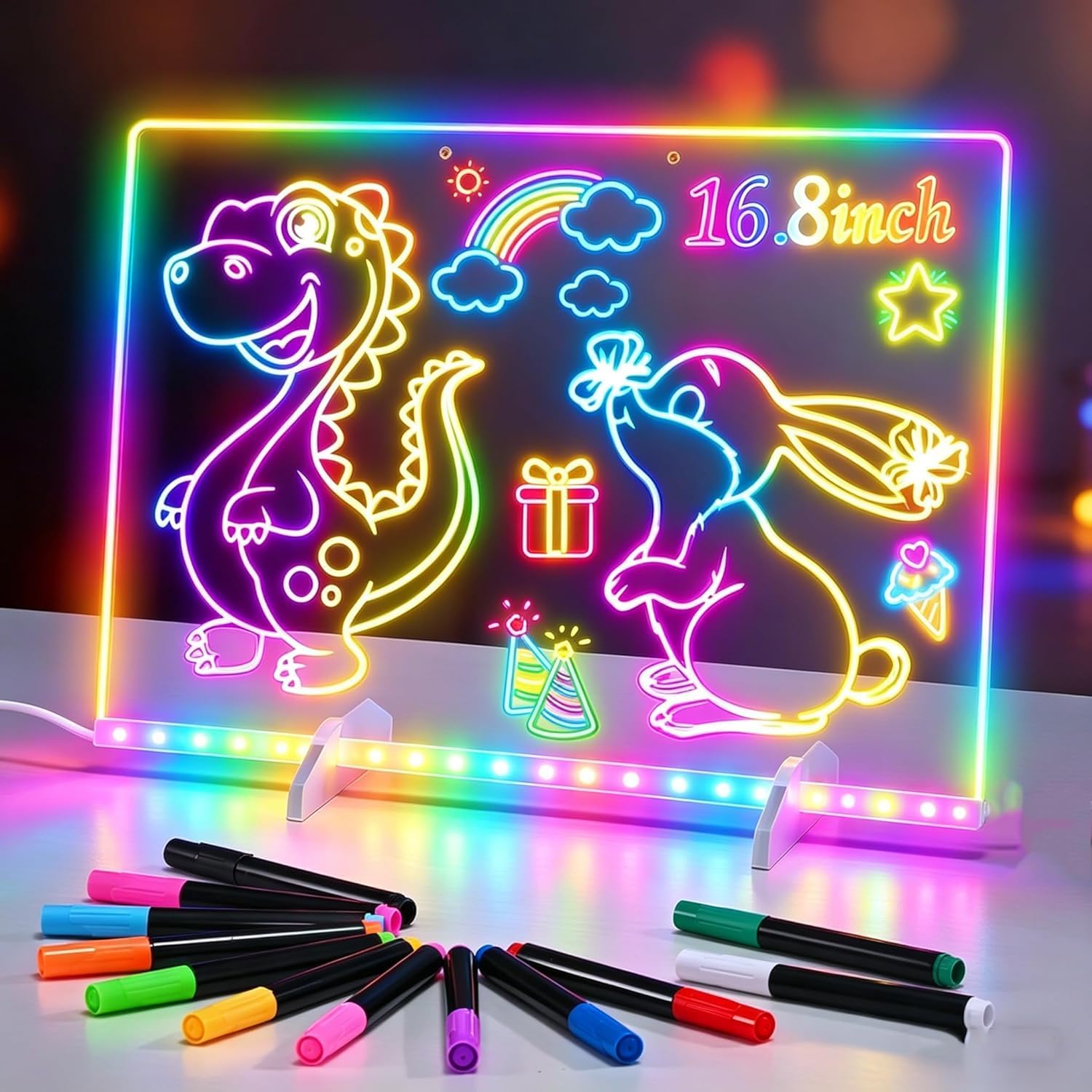 Kids 16.8"Led Drawing Board No Mess Art Toys, Birthday Gifts for Girls Boys | 2026 Kids Glow Note Board with 7 Colors for Age 3-12 Years, Light Up Acrylic Dry Erase Writing Tablet，Arts and Crafts