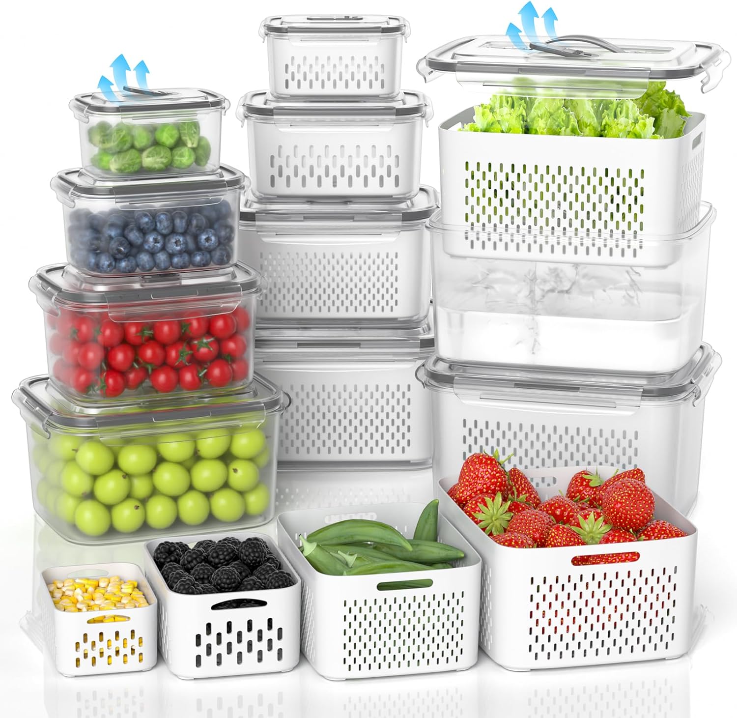 damynuo 10Pack Fruit Storage Containers for Fridge - Fridge Organizers and Storage with Vent and Handle Lids, Fruit Containers for Fridge with Colander, Refrigerator Organizers and Storage Keep Fresh