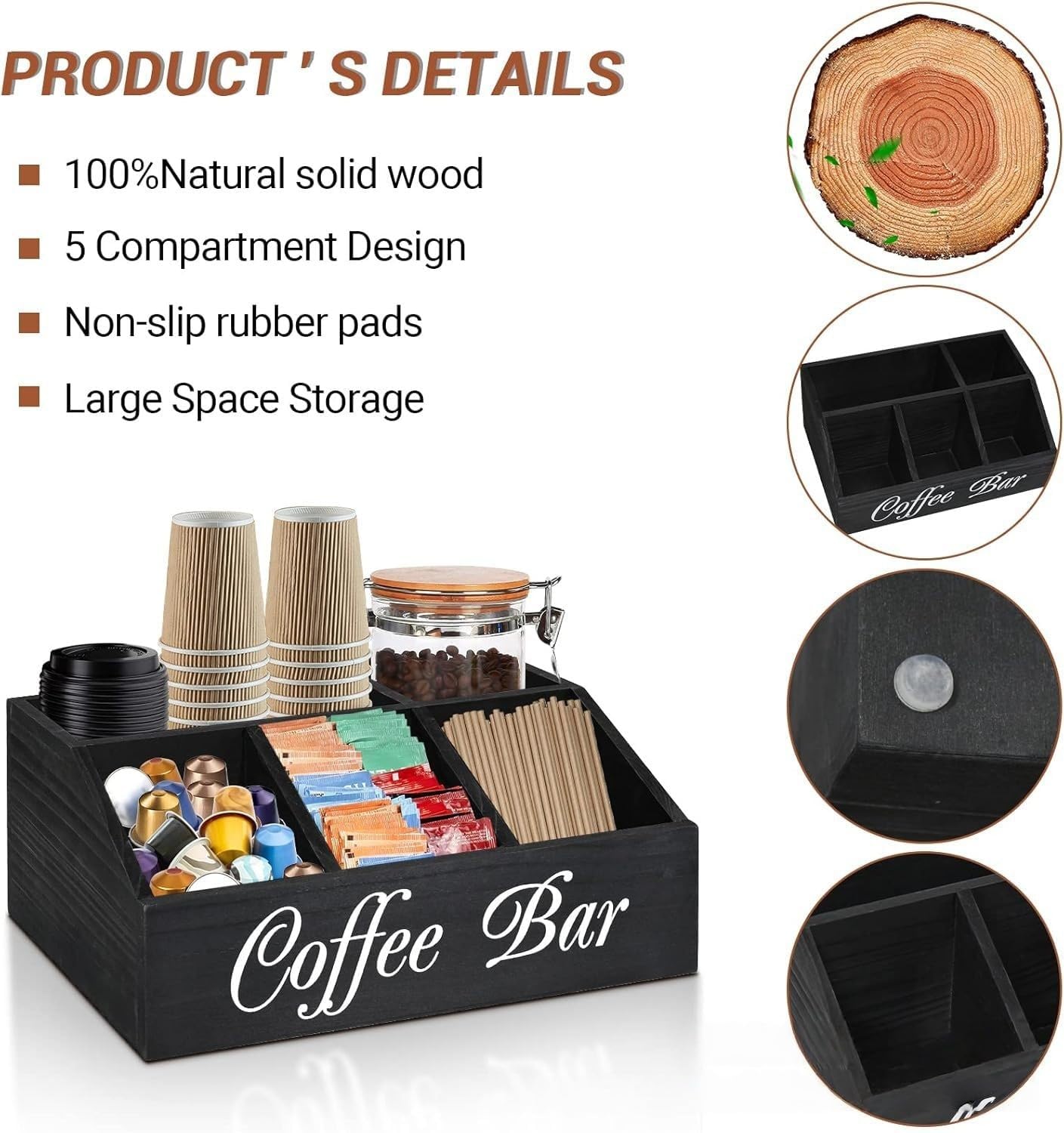 Coffee Station Organizer for Countertop, Farmhouse Wooden Coffee Bar Organizer Countertop for Accessories, Pod Syrup Condiment Organizer Holder for Kitchen, Office, or Bar and Tea Station (Black)