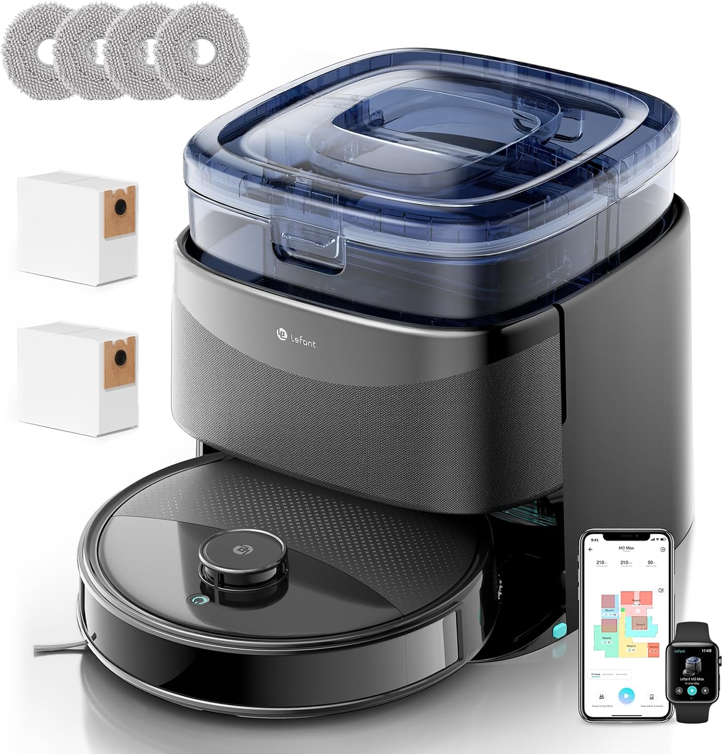 Lefant M3 Max Robot Vacuum and Mop, All-in-one 20000 Pa Powerful Suction, 210 min, Self-Emptying for 3.2L, dToF Laser Navigation, Auto Mop Washing and Drying, 5GHz WiFi/Alexa/App/i Watch, Grey