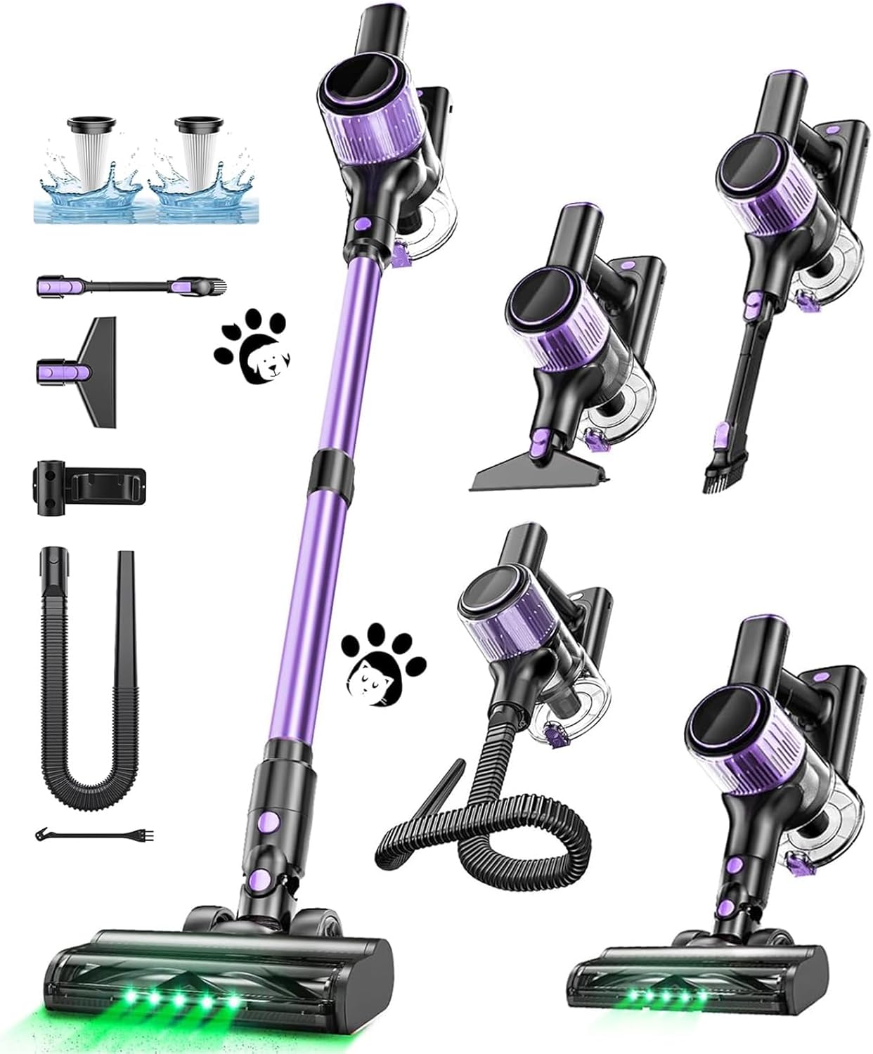 Cordless Vacuum Cleaner, 55Kpa 10-in-1 Stick Vacuum with Powerful Suction, Hose, Anti-Tangle Brush, Green LED Light, Lightweight Rechargeable Vacuum for Home, Hardwood Floors, Carpets, Pet Hair