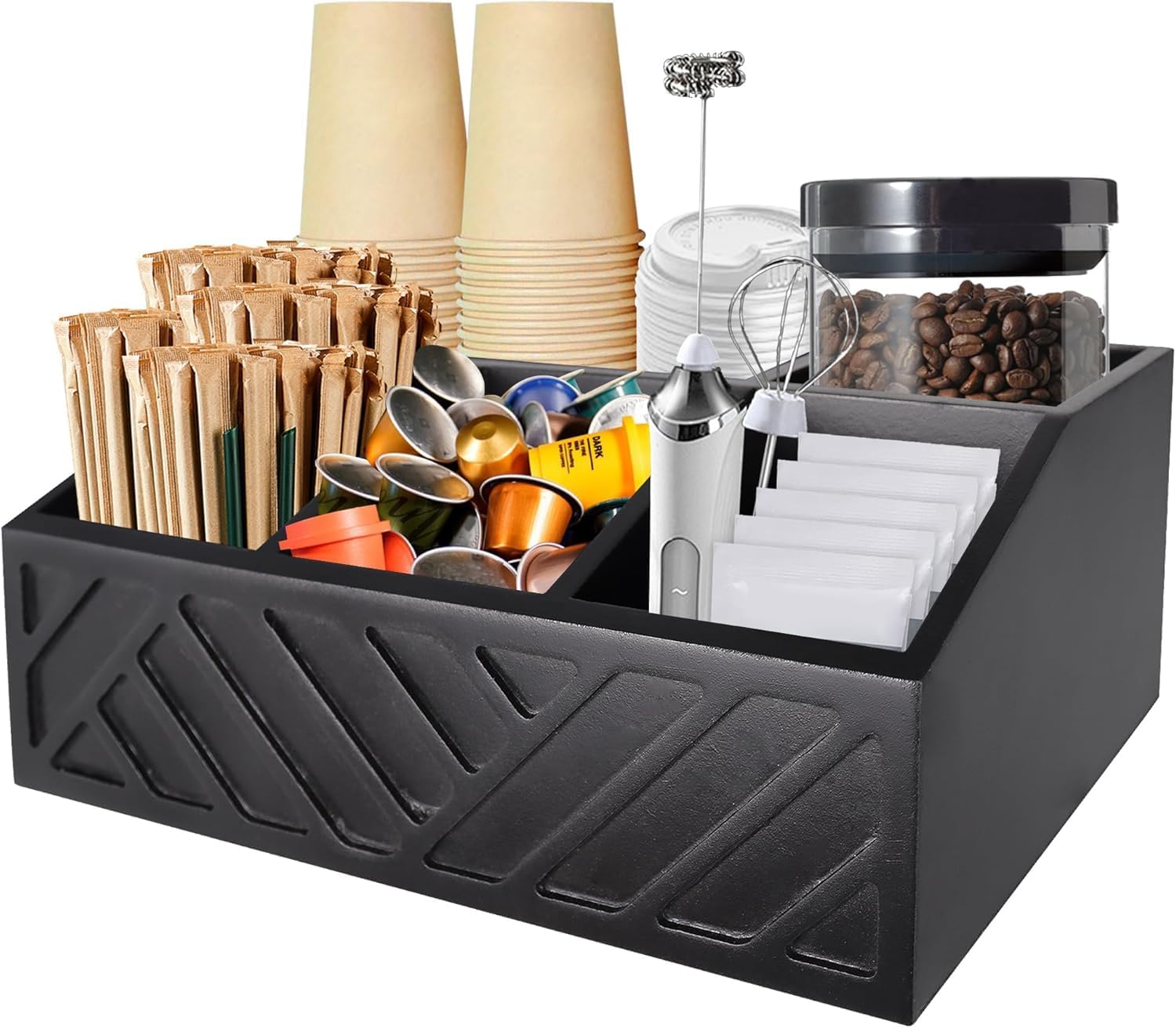 Coffee Station Organizer for Countertop, Black Wood Coffee Bar Organizer with 5 Compartments, Coffees Pods Holder Storage Basket, Farmhouse Coffees and Tea Condiment Caddy, 11.8 x 7.6 x 4.7 Inches