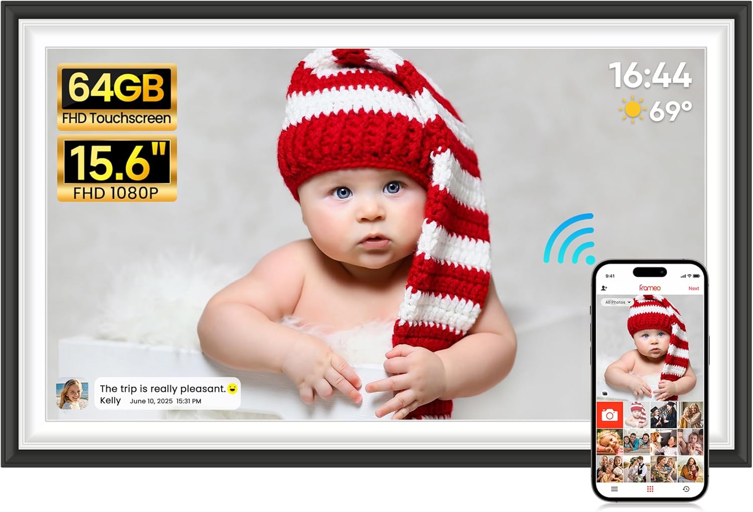 64GB 15.6 inch Frameo Digital Photo Frame WiFi -1920 * 1080 FHD Digital Picture Frame, IPS Touch Screen Electronic Frames with Auto-Rotate, Slideshow, Wall-Mounted, Share Photos Videos Instantly