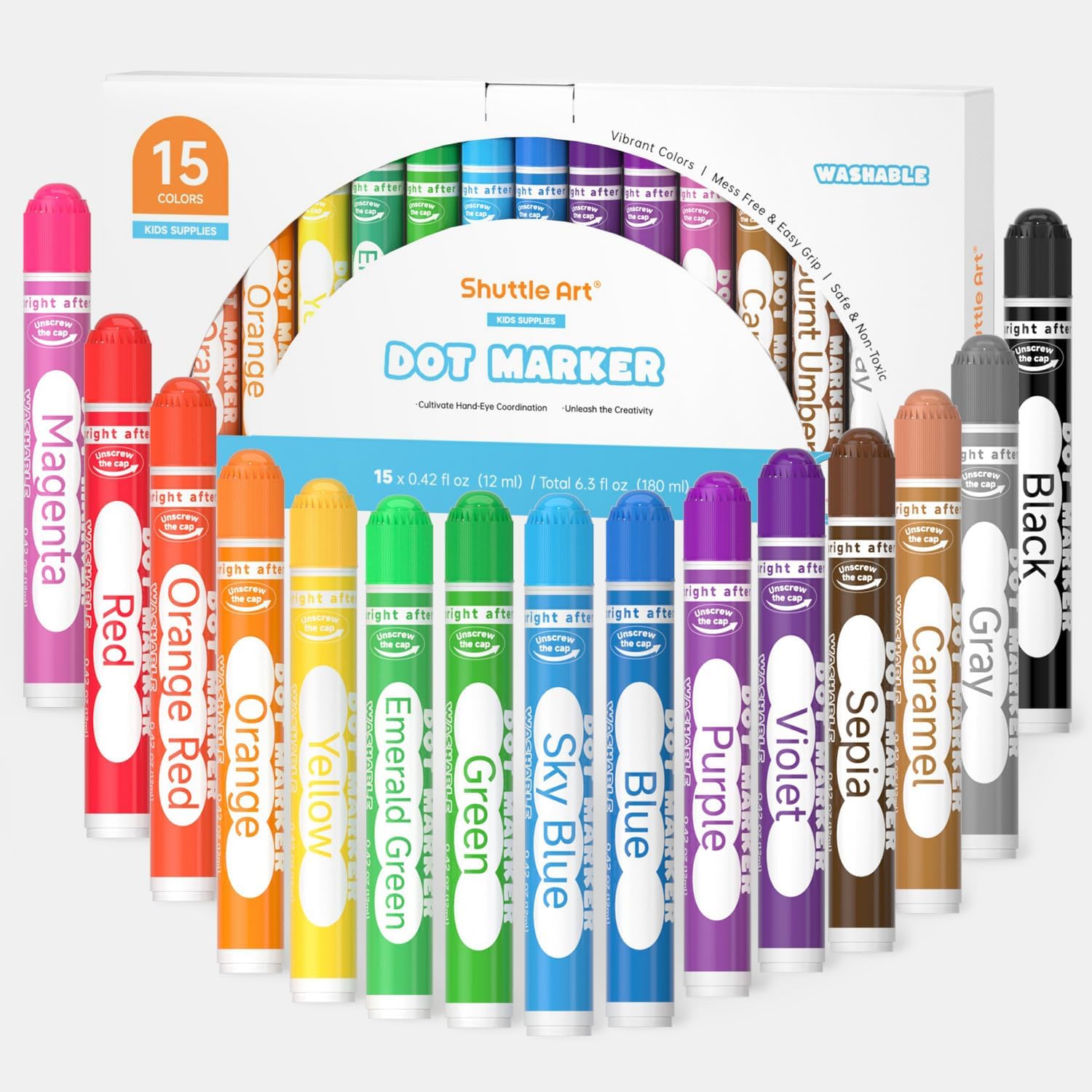 Shuttle Art Dot Markers Set, 15 Colours Washable Dot Markers for Toddlers, Non Toxic Water-Based Bingo Dabbers Supplies for Children Preschool Learning