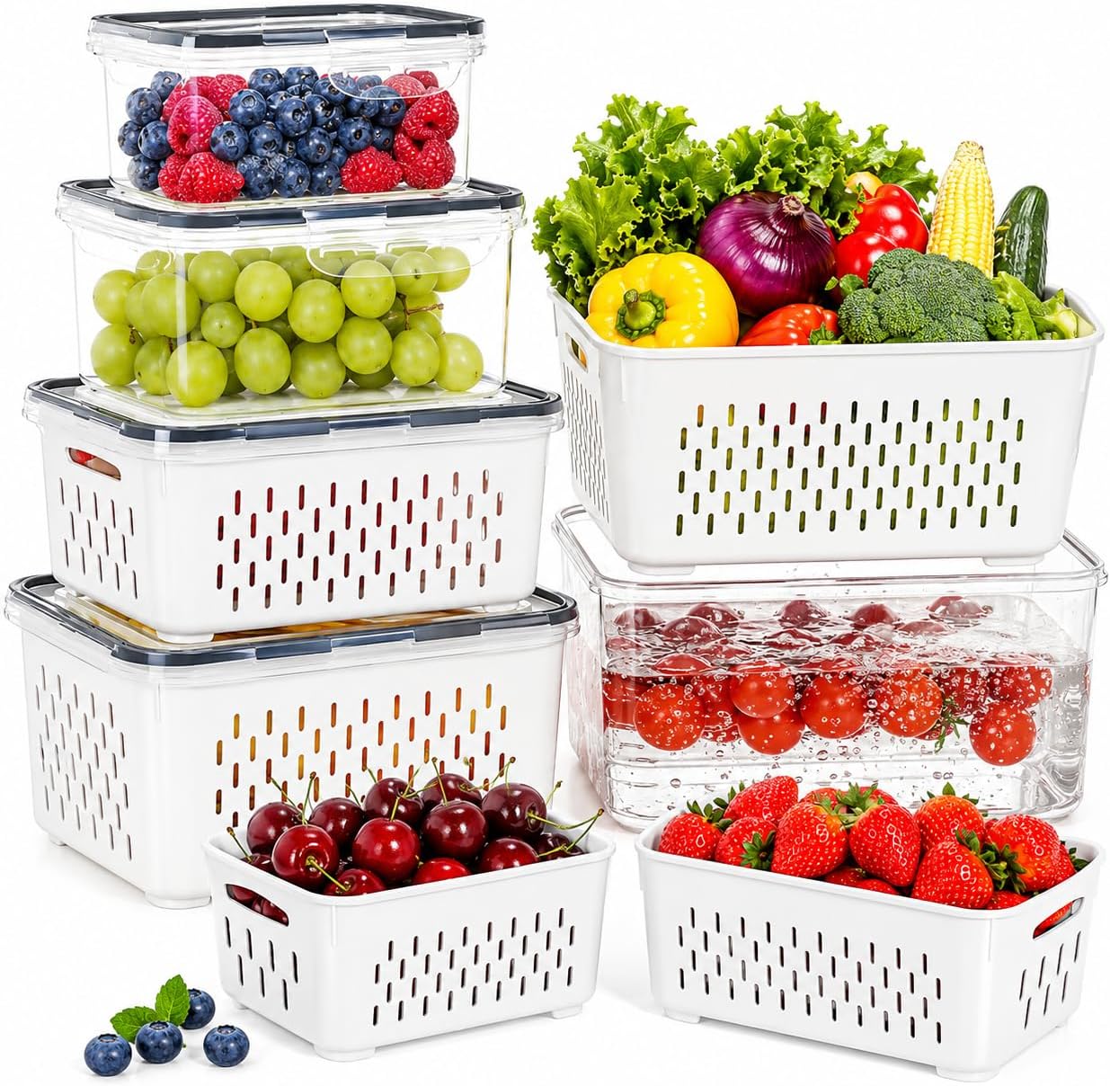 5 Pack Fridge Storage Containers, Fruit Storage Containers Fridge with Removable Colander, Fruit Washing Bowl with Strainer, Dishwasher & Microwave Safe Keep Berry Fruit Fresh