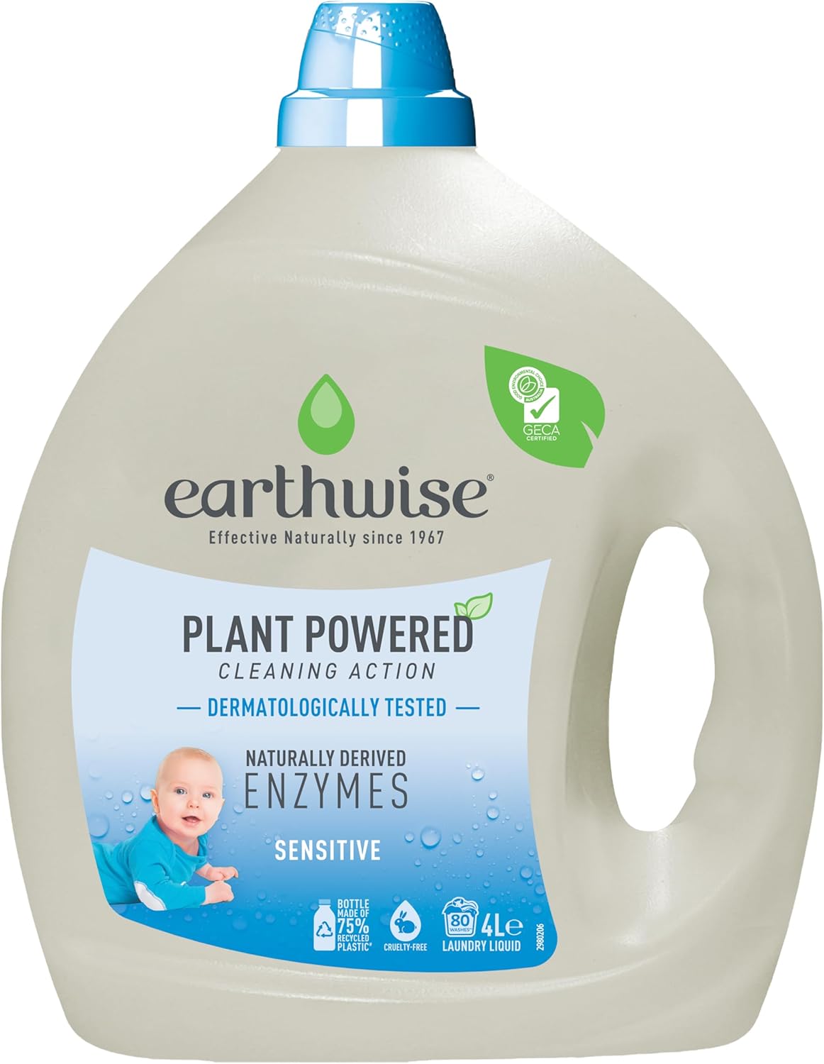 Earthwise Sensitive Laundry Washing Detergent Liquid 4L, 80 Washloads, Suitable for Front & Top Loader, Tough on Stains, Plant Powered Cleaning Action with Naturally Derived Enzymes