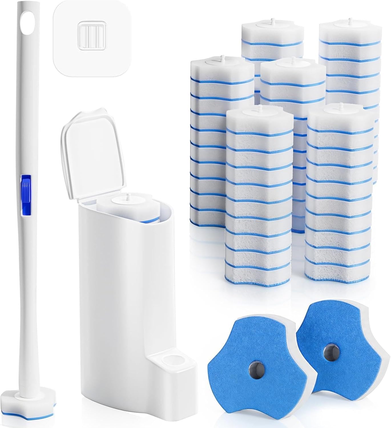 Shanghigh Toilet Brush Disposable - Toilet Cleaner Brush and Holder Set with 60 Refills Heads, Toilet Bowl Cleaning Supplies for Deep Clean, Wall Mountable Cleaning System Kit for Bathtub, Bathroom