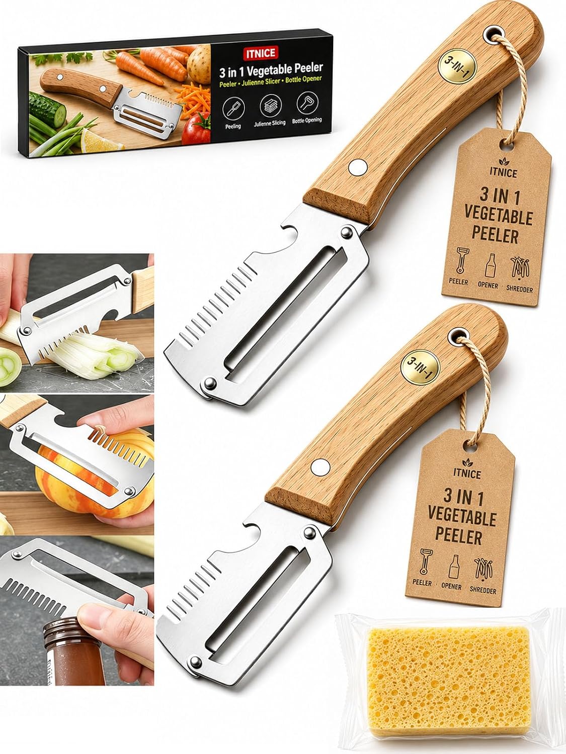 Multifunctional Vegetable Peeler Slicer Stainless Steel Knife with Bottle Opener, 3 in 1 Zero Snag Wooden Handle Julienne Slicer Shredder, Kitchen Tool for Potato Carrot Scallion Fruit(A,2PCS)