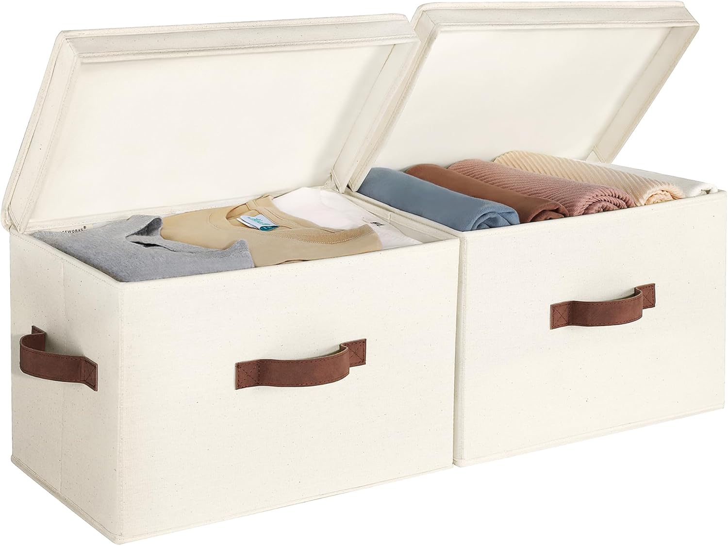 StorageWorks Storage Box with Lid, Decorative Fabric Storage Basket, Linen Storage Boxes for Shelves, Wardrobe, Closet Organizer Basket with Handles, Large, Ivory White, 2-Pack