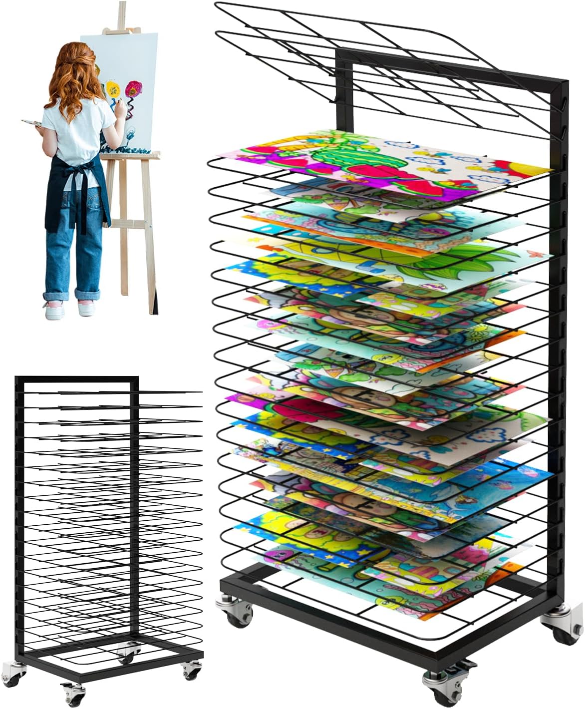 Art Drying Rack for Painting, Metal, Black, with 18 Removable Shelves, Lockable Wheels, for Classrooms and Art Studios