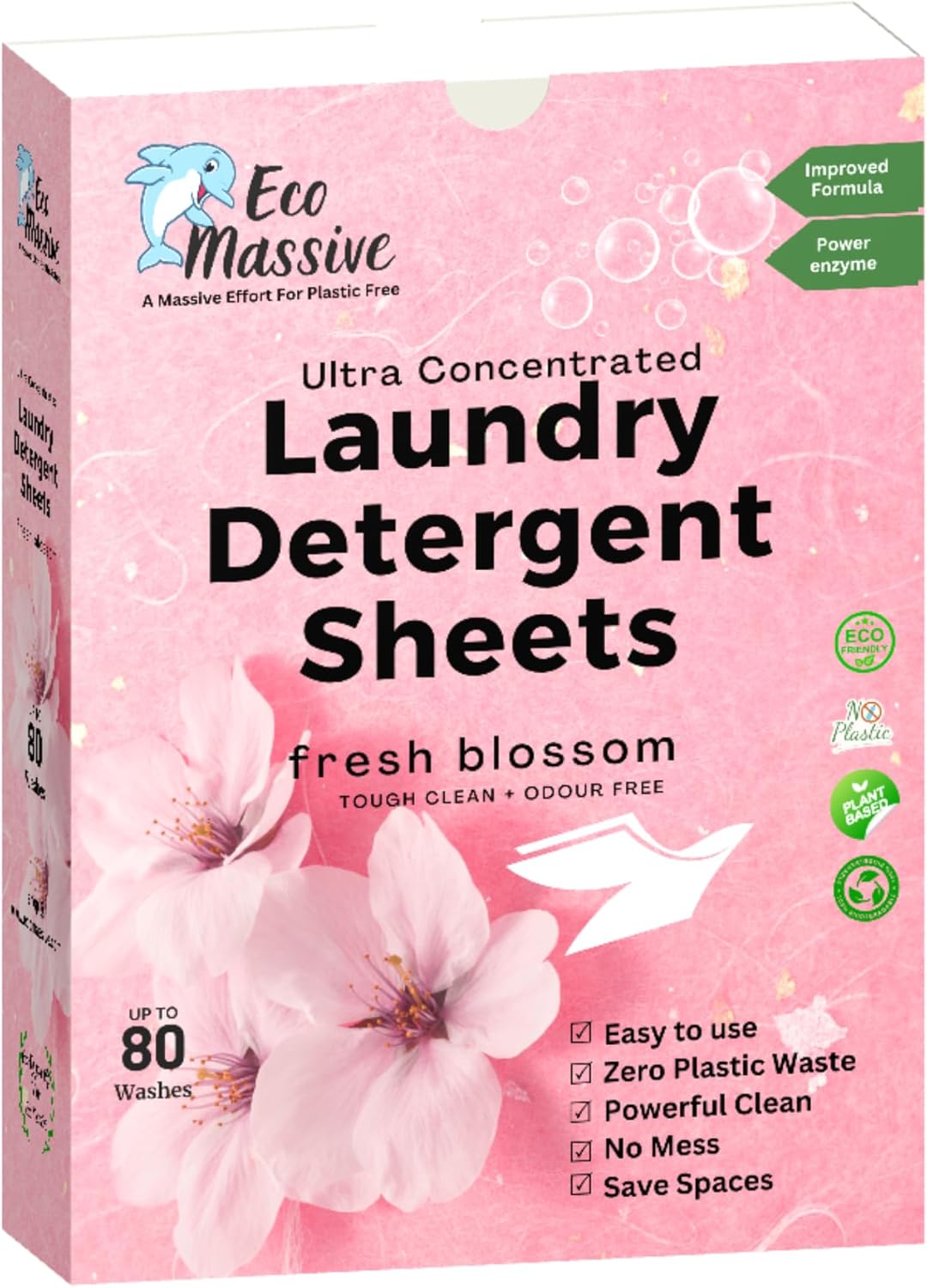 Eco Laundry Detergent Sheets, Ultra Concentrated & Fully Degradable Laundry Sheet Strips For Washing Clothes. Gentle clean & odour free- 80 Loads, Fresh Blossom- ECO Massive
