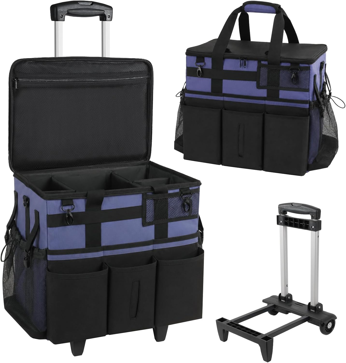 SCAVATA Rolling Cleaning Caddy Bag with Detachable Trolley, Large Cleaning Supplies Organizer with Wheels, Multi-Pocket Cleaning Cart with Adjustable Shoulder Strap for Housekeepers (CeruleanBlue)