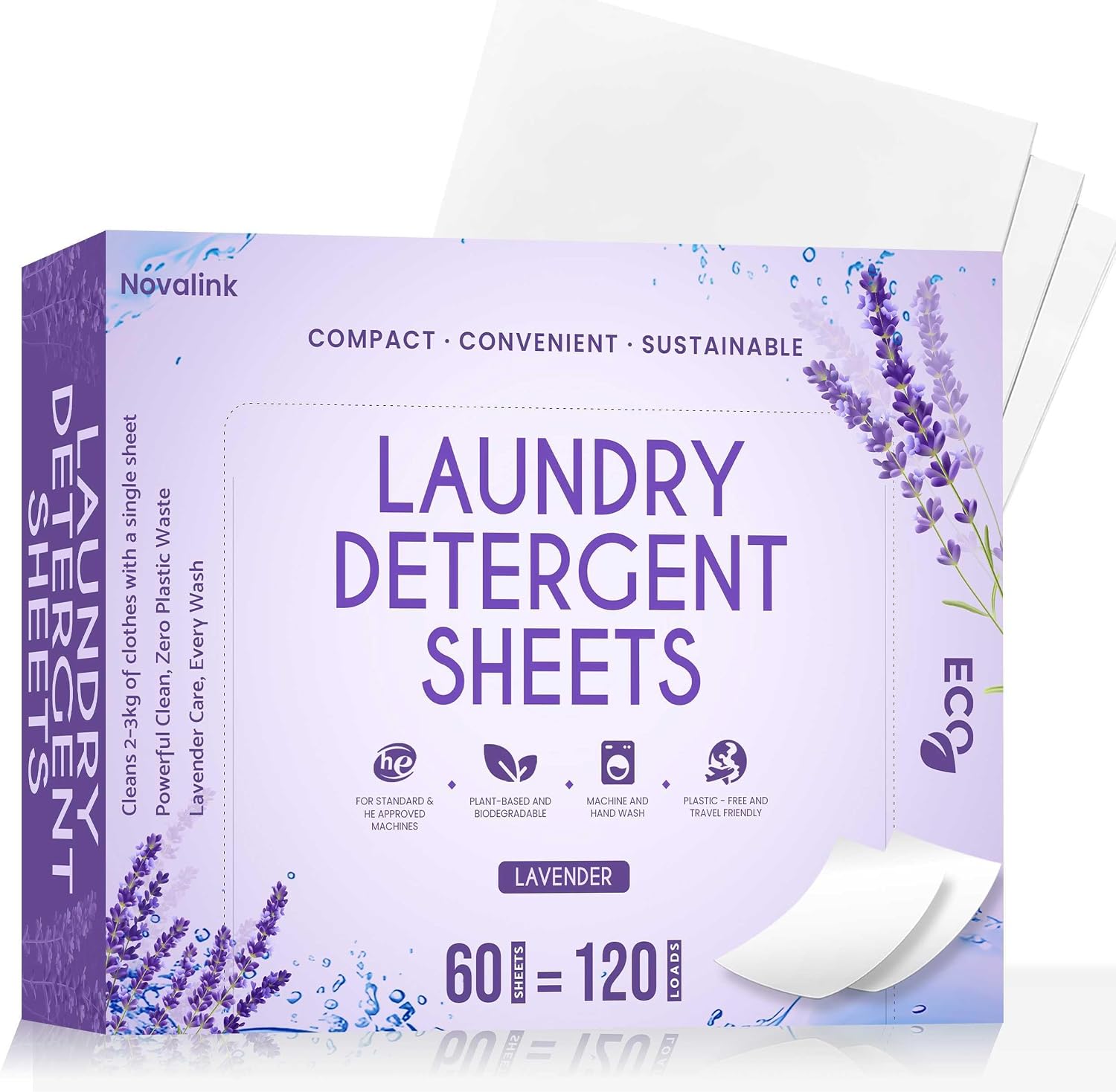 120 Loads Sensitive Laundry Detergent Sheets - Plastic-Free, Plant-Based & Biodegradable Laundry Sheets, Best Fresh Smell, Travel-Friendly for Hand & Machine Wash - Lavender
