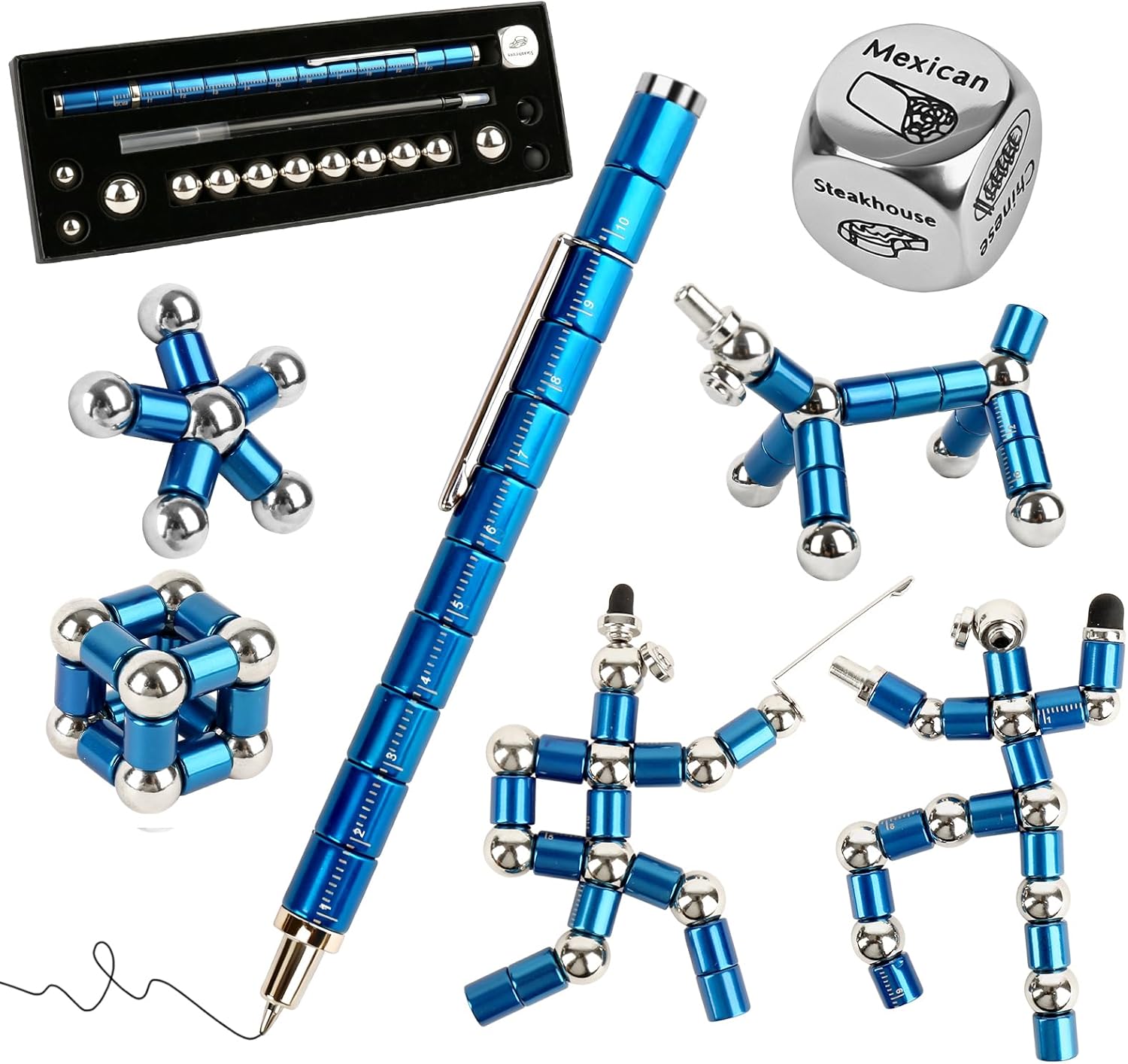 LARAH Fidget Pen with Dice, Christmas Stocking Stuffer Gift, Stress Relief Sensory Toy, Multi-Functional Writing Gadget for Adults Teens Coworkers Holiday Present (Blue)
