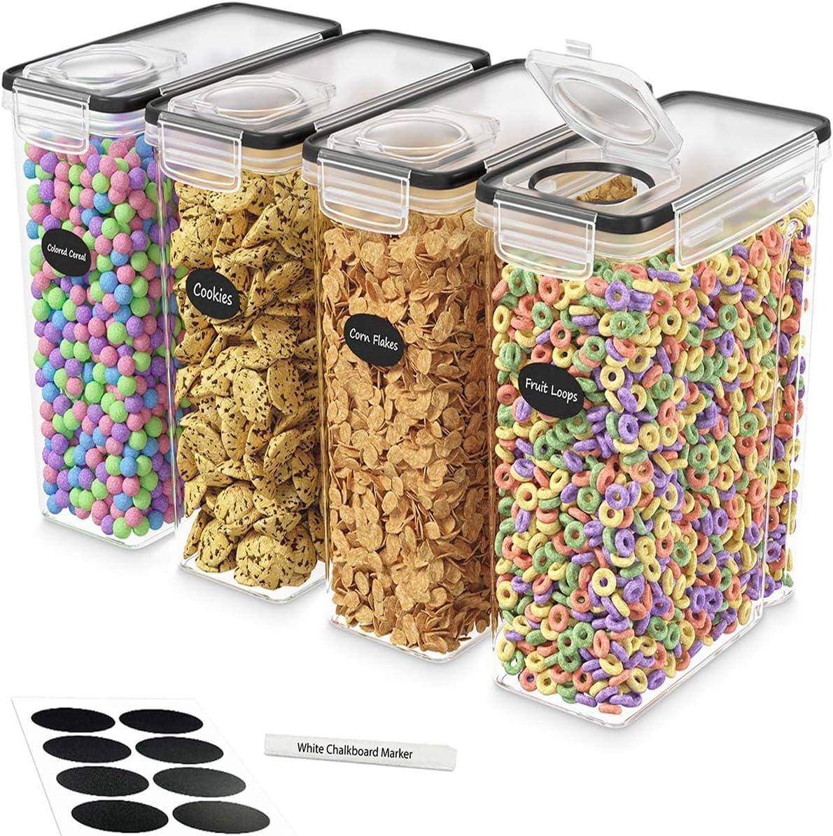 4 Pack Cereal Containers 4L with Airtight Pour Spout | Clear pantry storage for cereal, oats, rice, flour, pasta and snacks; includes 8 labels and 1 marker.