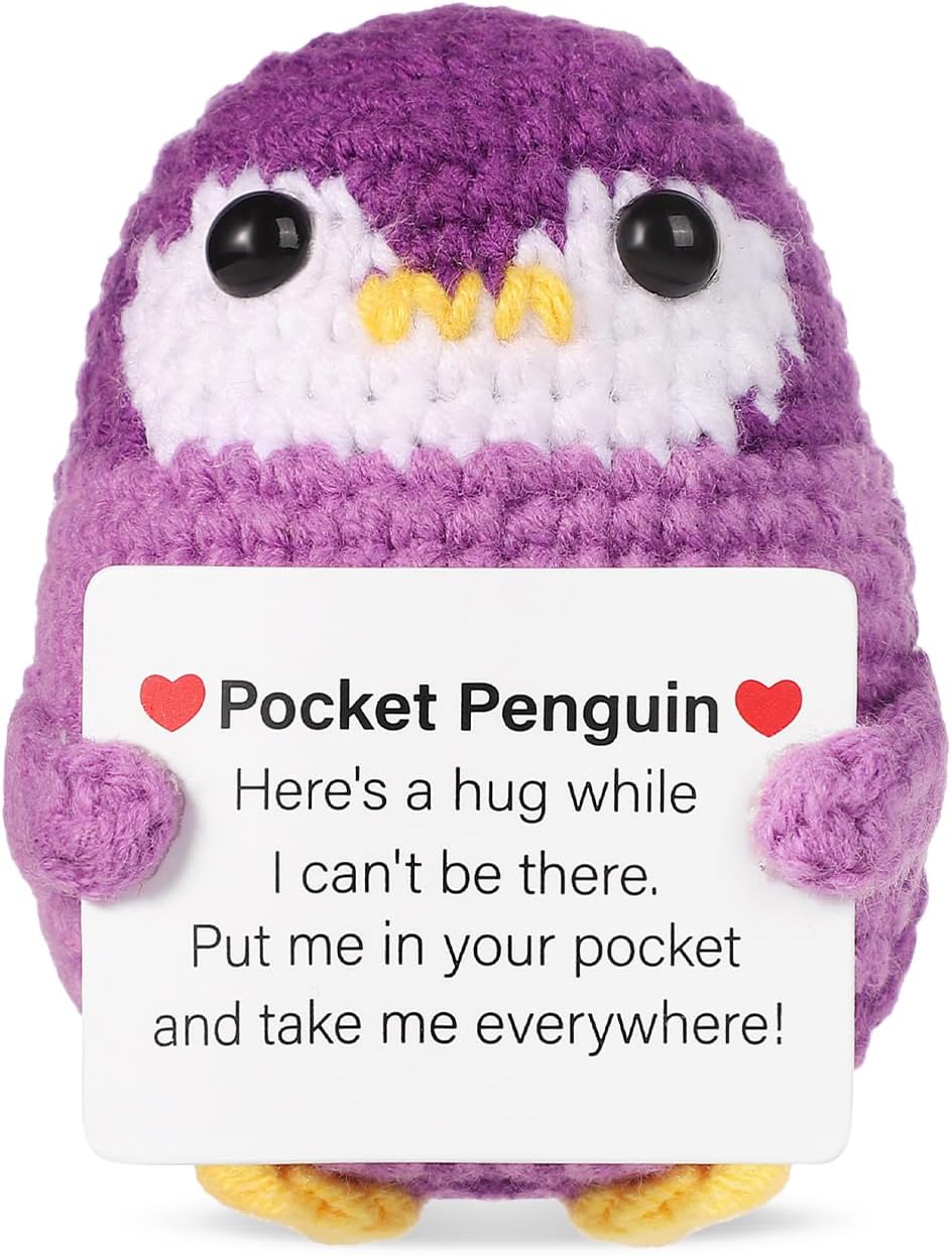 lasuroa Funny Pocket Penguin Hug, 2.6in Emotional Support Penguin with Card Wool Knitted Crochet Positive Penguin Doll Creative Cheering Gift for Family Friends Encouragement Home Decoration(Purple)