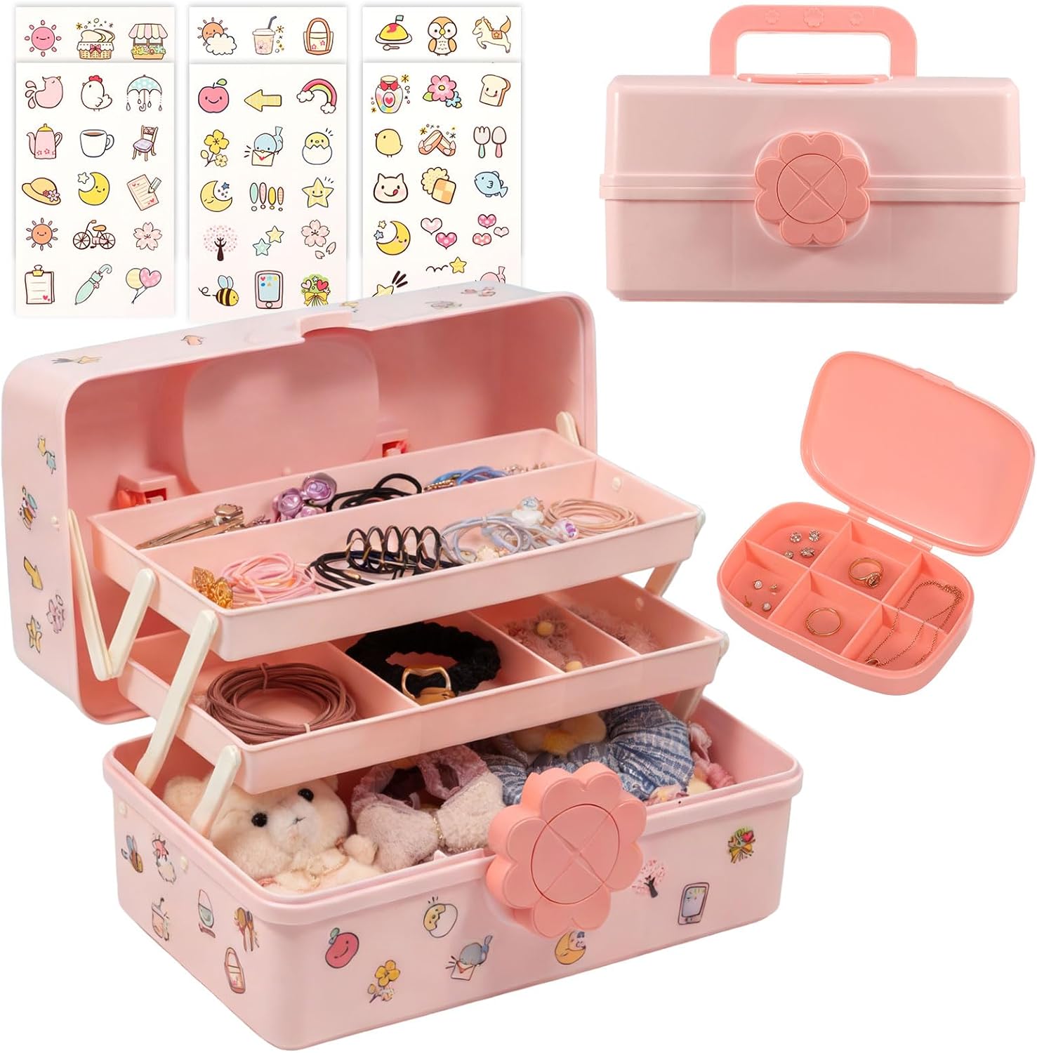 Hair Accessories Organizer for Girls Headbands, Clips, Ties, 3 Layers Lockable Folding Craft Organizers and Storage, Plastic Jewelry Box with Handle&Stickers for Sewing Crafts 28x16x15cm Pink