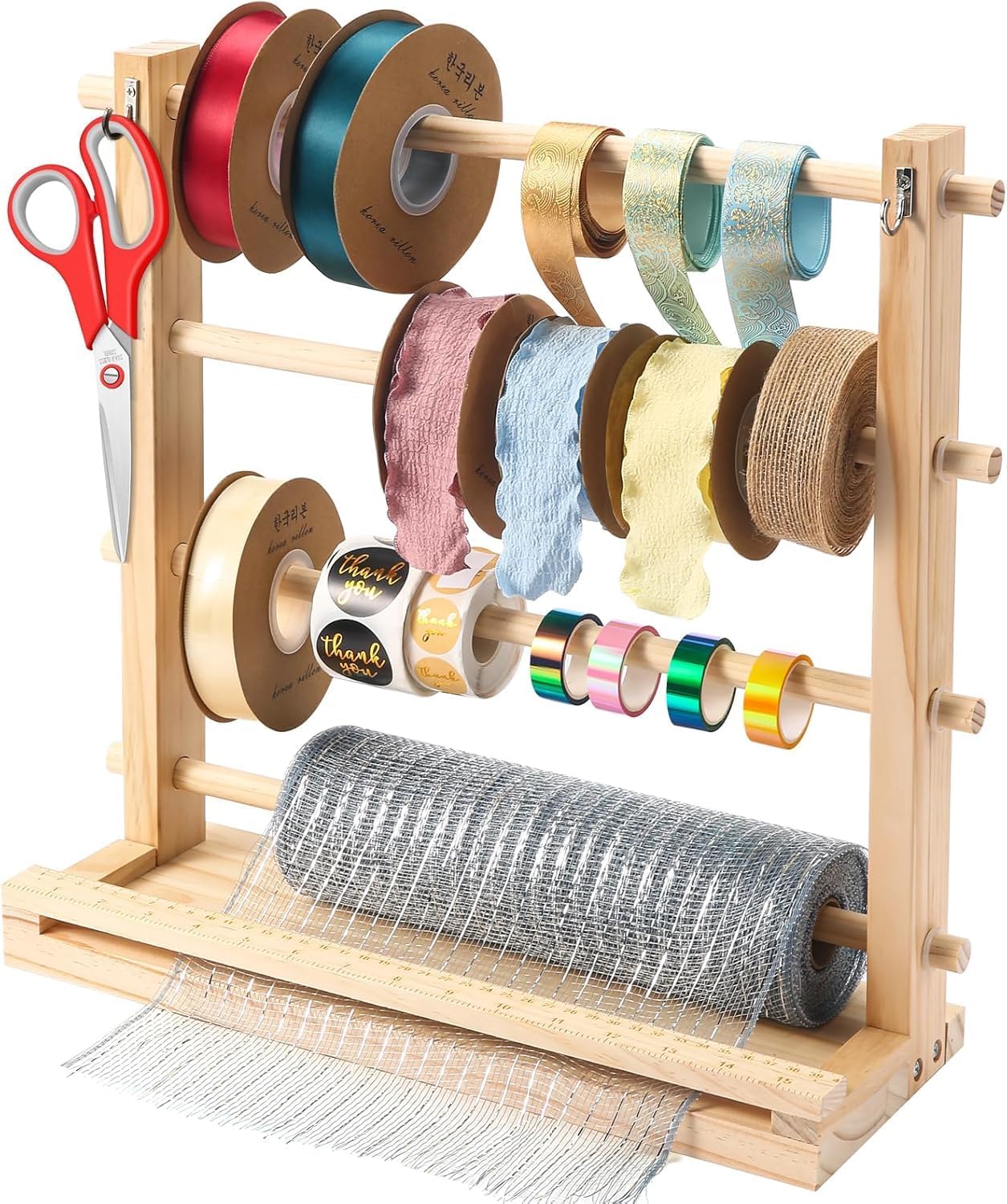 Ribbon Storage Organizer Rack - Wooden Ribbon Spool Holder for Craft Mesh Ribbon Wreath Bow Washi Tape Arts & Crafts Supplies, Ribbon Rack for Craft Room, Florist Arts Wrapping Craft Gift