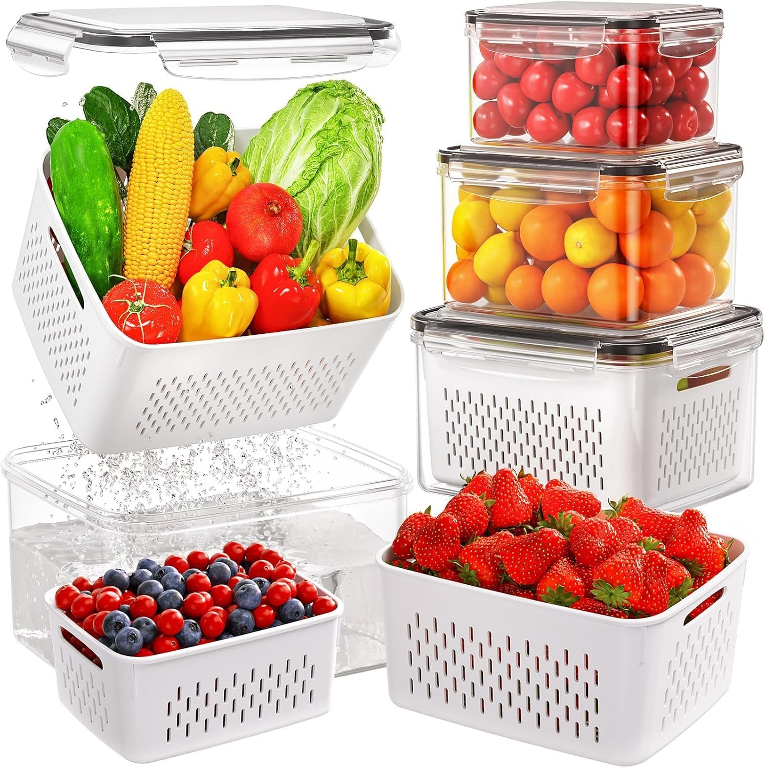 5 PCS Fruit Storage Containers for Fridge, Produce Containers for Fridge with Removable Colander, All-In-One Fruit Washing Bowl with Strainer Microwave/Dishwasher Safe for Salad Berry Lettuce Keeper
