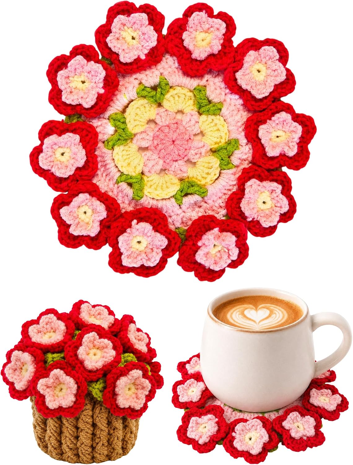 Crochet Flower Bouquet Coasters, Peach Blossom Gift for Home Decor 1Pc | Pink Flower Blanket Bouquet Decorations for Living Room Desk, Cute Gifts for Retirement Women Teacher Appreciation Graduation