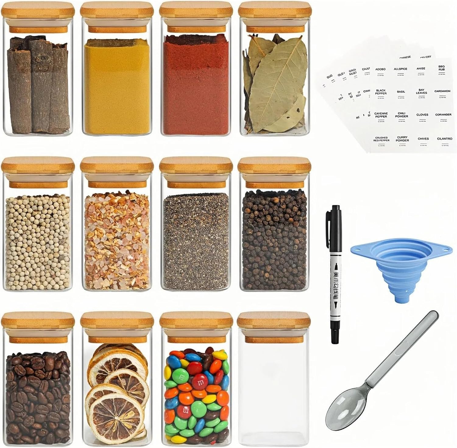 Airtight Glass Spice Jars with Bamboo Lids – 8oz Square Spice Jars Large Set of 12, Storage Containers with Labels & Marker, Seasoning Glass Organiser for Drawer Organizer & Pantry Storage