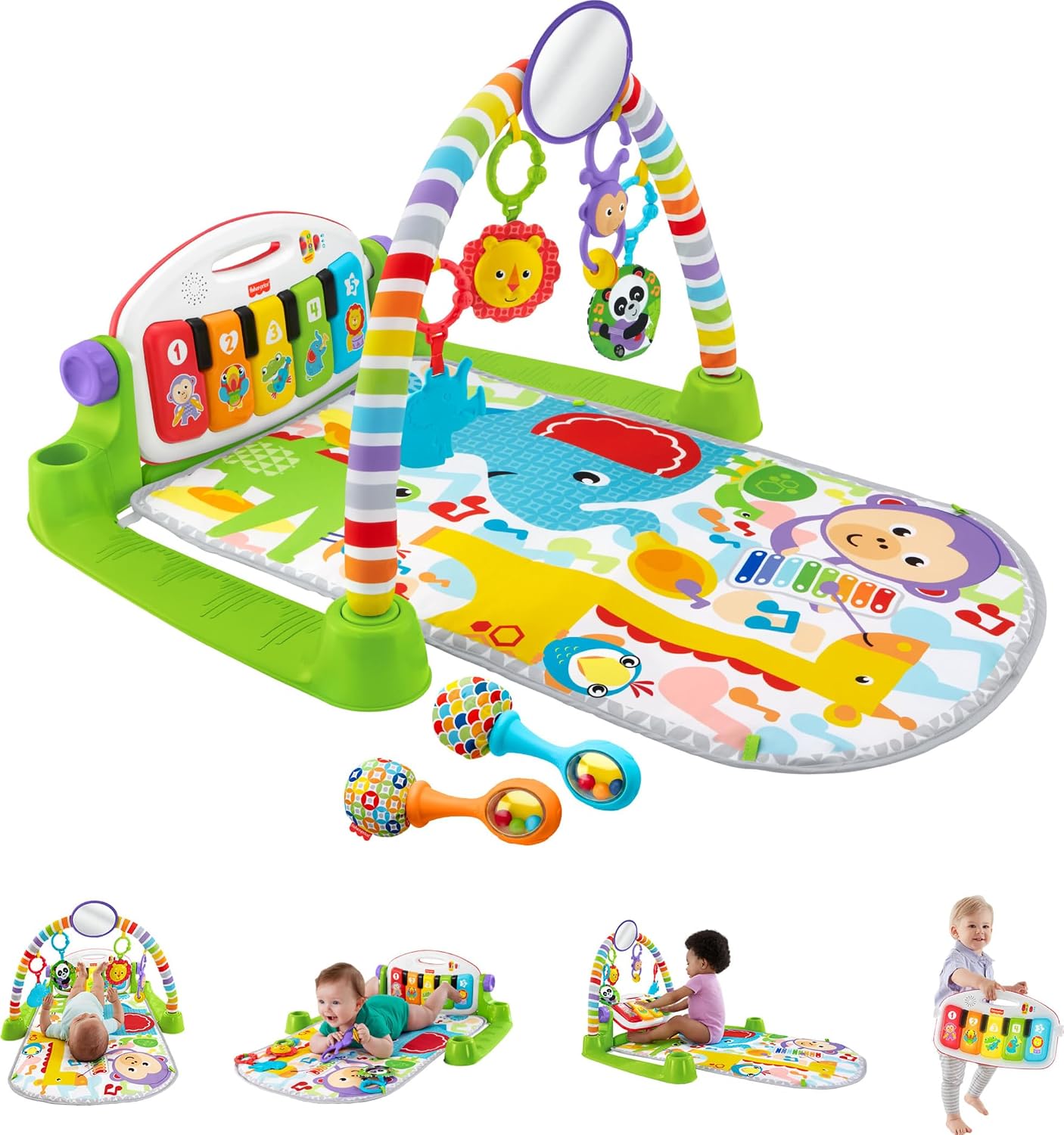 Fisher-Price Deluxe Kick & Play Piano Gym & Maracas Baby Playmat, Musical Learning Toy & 2 Soft Rattles, Developmental Activities for Newborn to Toddlers Ages 0+ Months