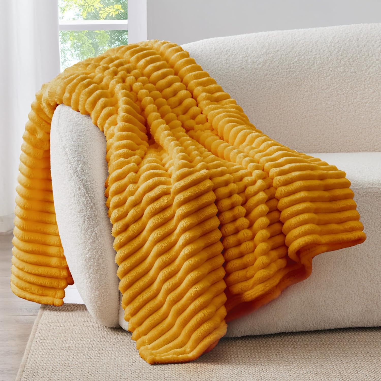 BEDELITE Throw Blanket for Couch & Sofa, 300 GSM Soft Cozy & Warm Plush Fluffy Blanket, Decorative and Giftable Fleece Striped Blankets, Fit for Baby, Women, Men, 127 x 152 CM, Mustard Yellow