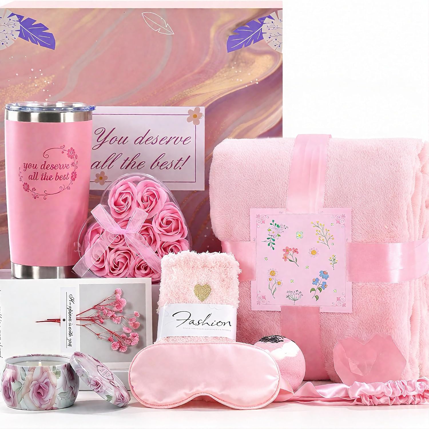 Gifts for Women,Birthday Gift Baskets,Spa Gift Sets,Blanket,Candle,Mugs