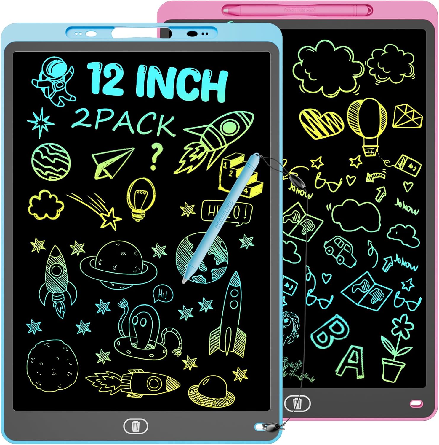 2 Pack 12 Inch LCD Writing Tablet, Colorful Drawing Tablet for Kids, Eye Care Doodle Board with Lock and Erase FUNC, Birthday Gifts Toys for 3 4 5 6 7 8 Years Old Boys and Girls (Blue, Pink)