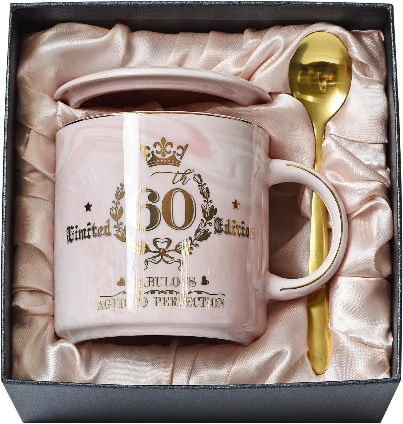 60th Birthday Gifts for Women - Fabulous 60 Limited Edition Birthday Marble Mug Printed with Gold - 14oz Pink - Turning 60 Years Old Happy Bday Present for Her Friend Women Mum, Lid, Card, Gift Boxed