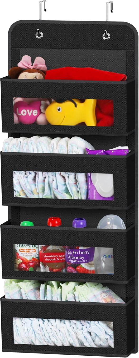 Simple Houseware 4 Pockets Over the Door Storage Hanging Organiser, Black | 33cm W x 10cm D Pockets with Clear Window for Closet, Bedroom, Bathroom, Pantry