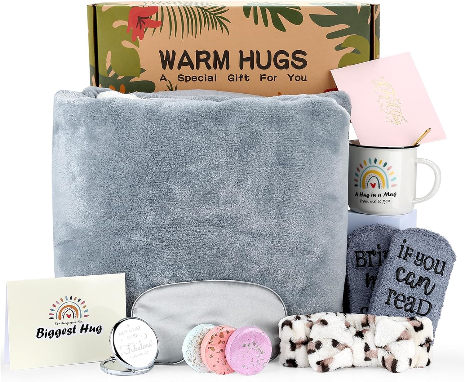 Get Well Soon Blanket Gifts for Women, Care Package with Mug & Sleep Mask | 59"x51" Soft Grey Throw/Ceramic Mug/Gold Spoon/Socks/Sleep Mask/Headband/Magnifying Mirror/Greeting Card, All in Gift Box