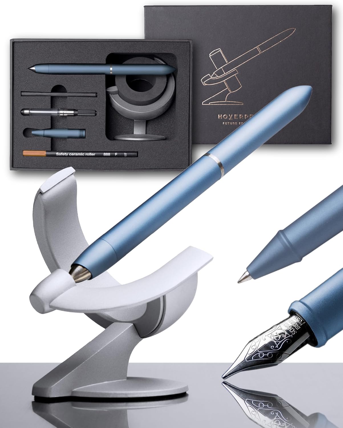 novium Hoverpen Future Edition - Fountain Pen & Rollerball Pen All-In Gift Box, Fine Nib, Luxury Metal Made Desk Pen, Futuristic Aesthetic, Free Spinning Executive Pen, Unique Gifts (Mist Blue)