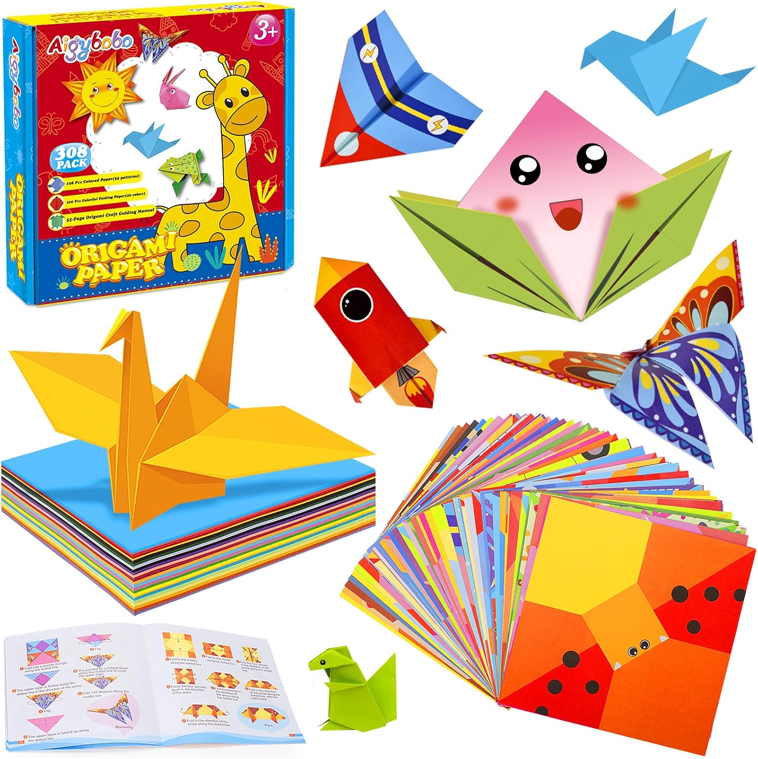 Aigybobo Origami Paper Set, 308PCS Kids Craft Paper Kit for Girls, Art Projects Supplies for School Class Craft Lessons