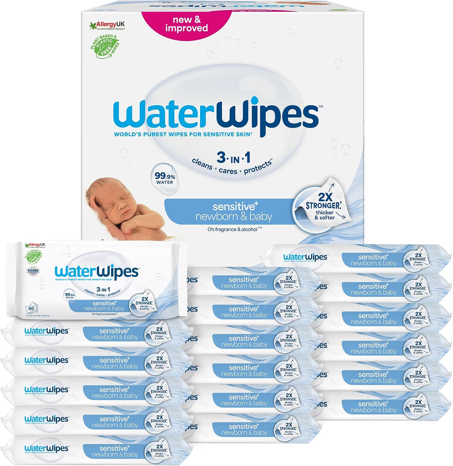 WaterWipes Sensitive+ Newborn & Baby Wipes, 1080 Count (18 Packs), 3-In-1 Cleans, Cares, Protects, 99.9% Water, Unscented