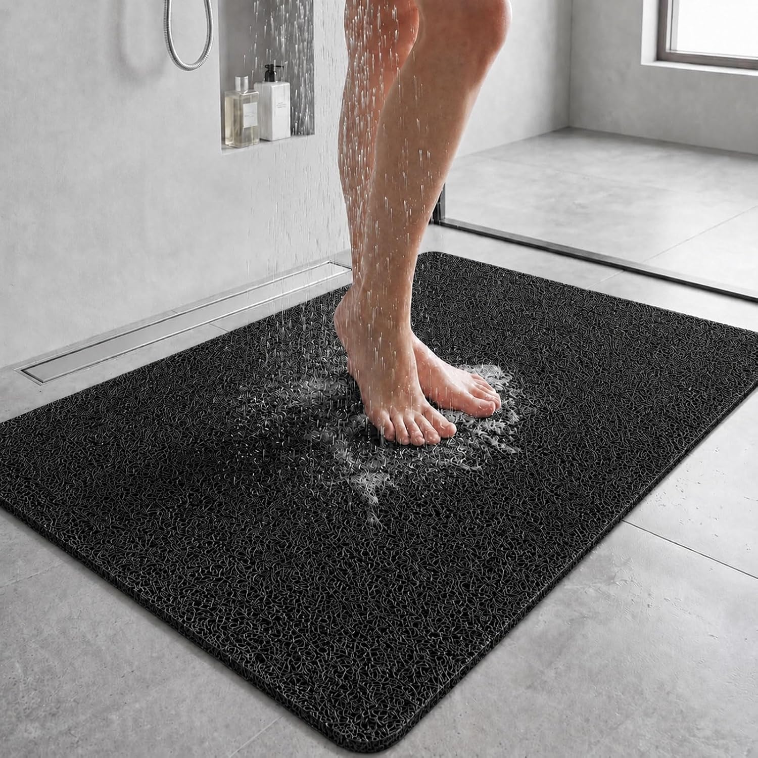 Shower Mat Non Slip, Anti Slip Bath Mat for Shower, Soft PVC Loofah Bathtub Mats with Drain Holes, Quick Drying Bathroom Stall Floor Mat, Bathroom Accessories Without Suction Cup (Black, 60 x 80cm)