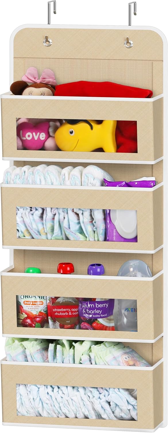 Simple Houseware 4 Pockets Over the Door Storage Hanging Organiser, Beige | 33cm W x 10cm D Pockets with Clear Window for Closet, Bedroom, Bathroom, Pantry