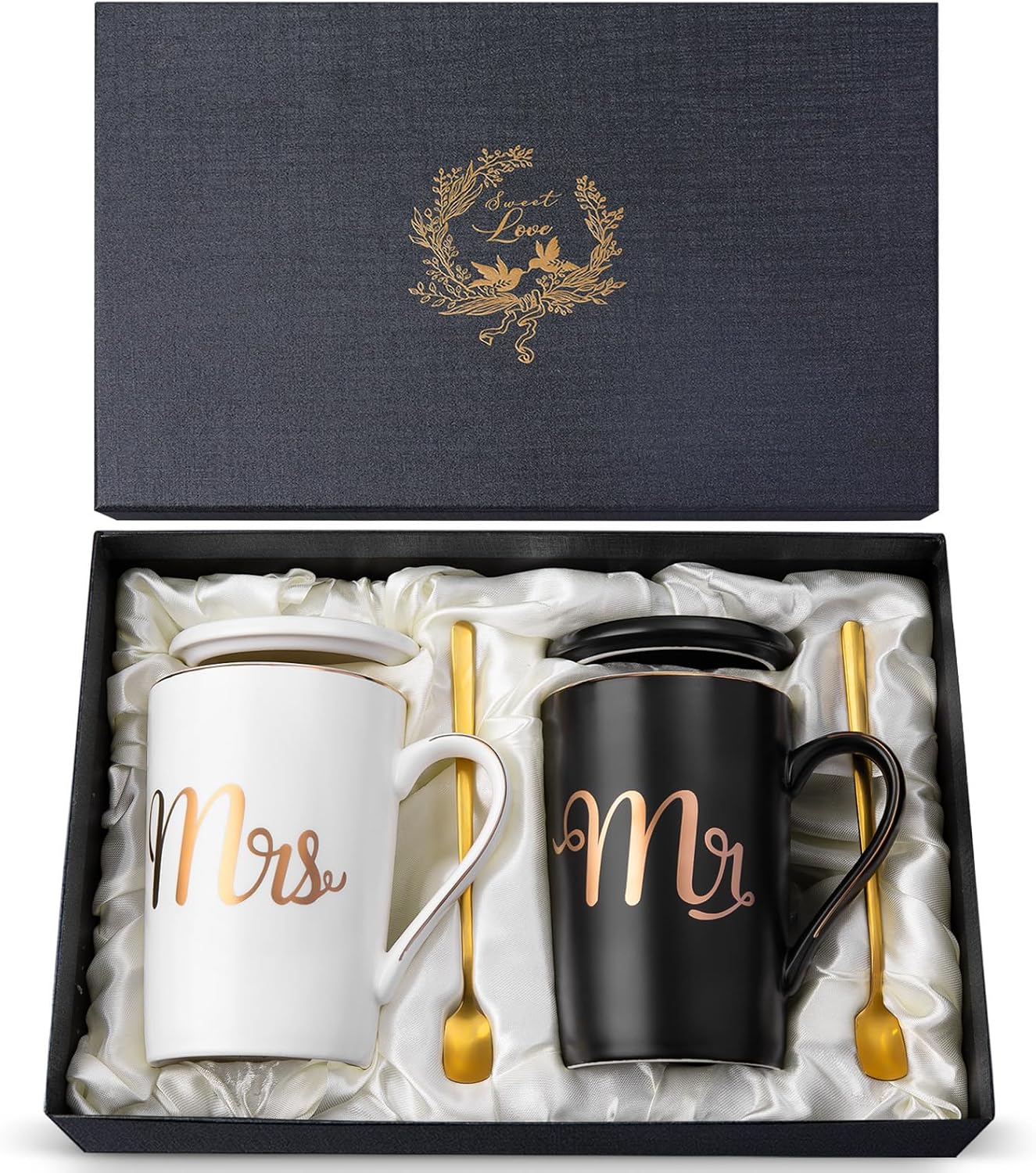 Wedding Gifts for Couple Bride and Groom,14Oz Mr and Mrs Ceramic Mugs | 14oz Mr & Mrs couple mug set with lids,durable ceramic, premium satin gift box, ideal wedding anniversary engagement gift