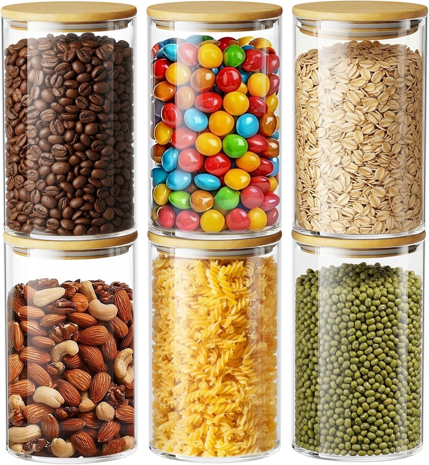 6Pack Glass Jars with Lids,950ml Glass Storage Jars with Bamboo Lids, Round Clear Food Storage Containers,Pantry Organizers for Tea, Sugar, Pasta, Nuts, Coffee, Cereal & Dry Goods
