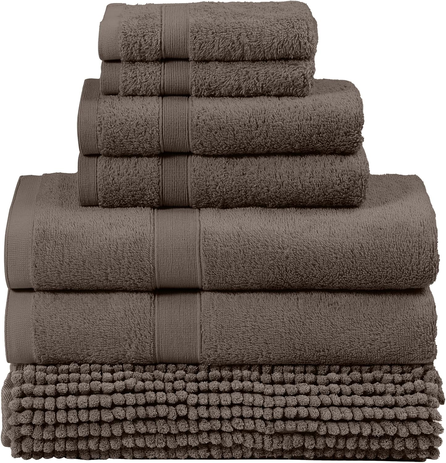 LINENOVA 7-Piece Bath Towel & Chenille Bath Mat Set – 100% Combed Cotton, 550GSM Soft, Absorbent & Quick-Dry Towels and Rugs for Daily Bathroom Use – Chocolate Brown