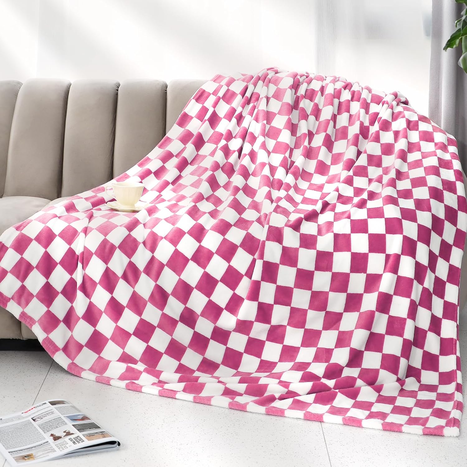 Pink Plaid Throw Blanket Soft Fuzzy Fleece Plaid Blanket for Bed Sofa Decor