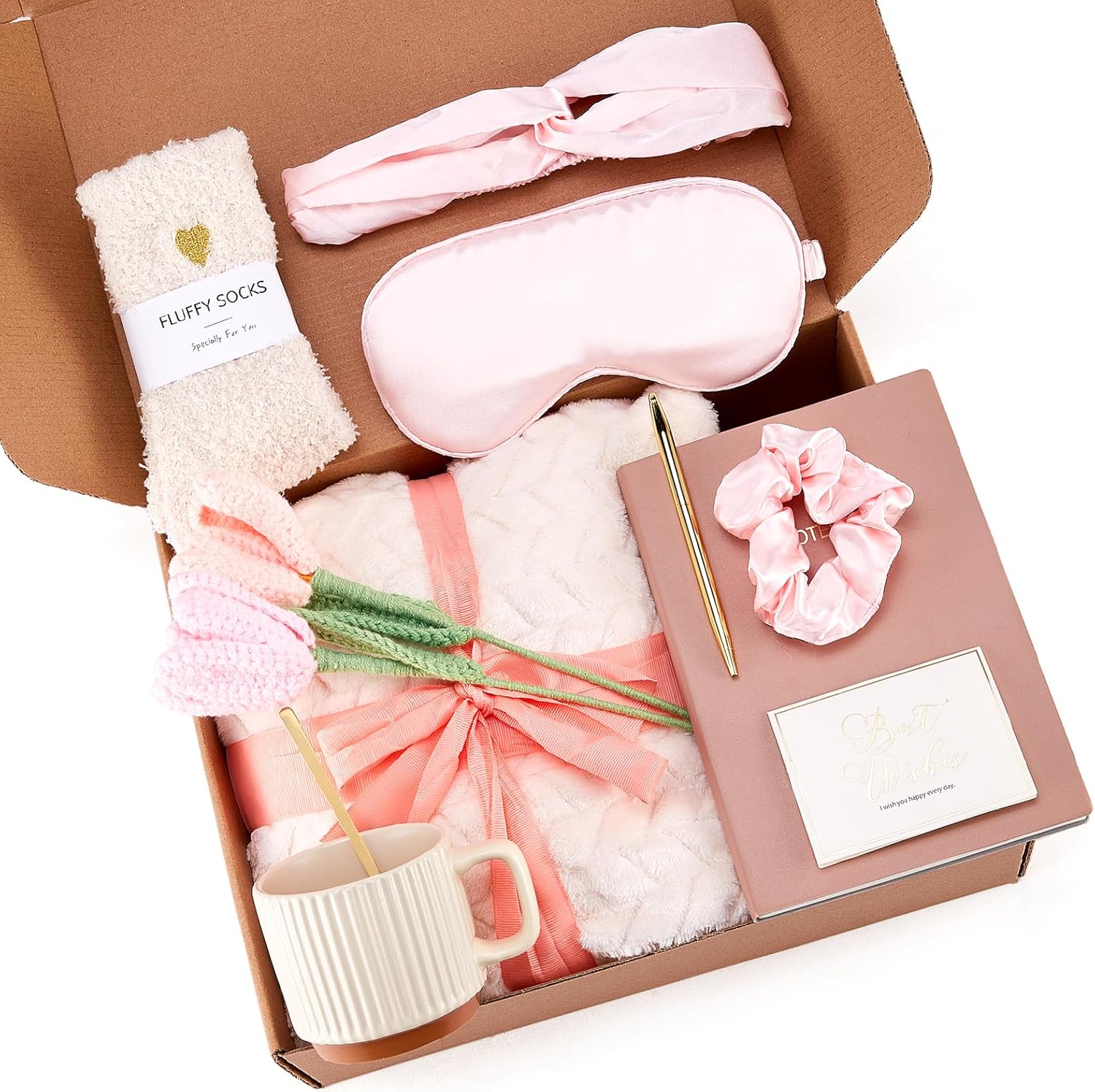 Care Package for Women, Self Care Gift Box with Relaxation Gifts for Her, Cheer Up Get Well Soon Birthday Gifts for Women, Positive Energy Gift for Mom Friend - Pink Tulip Design
